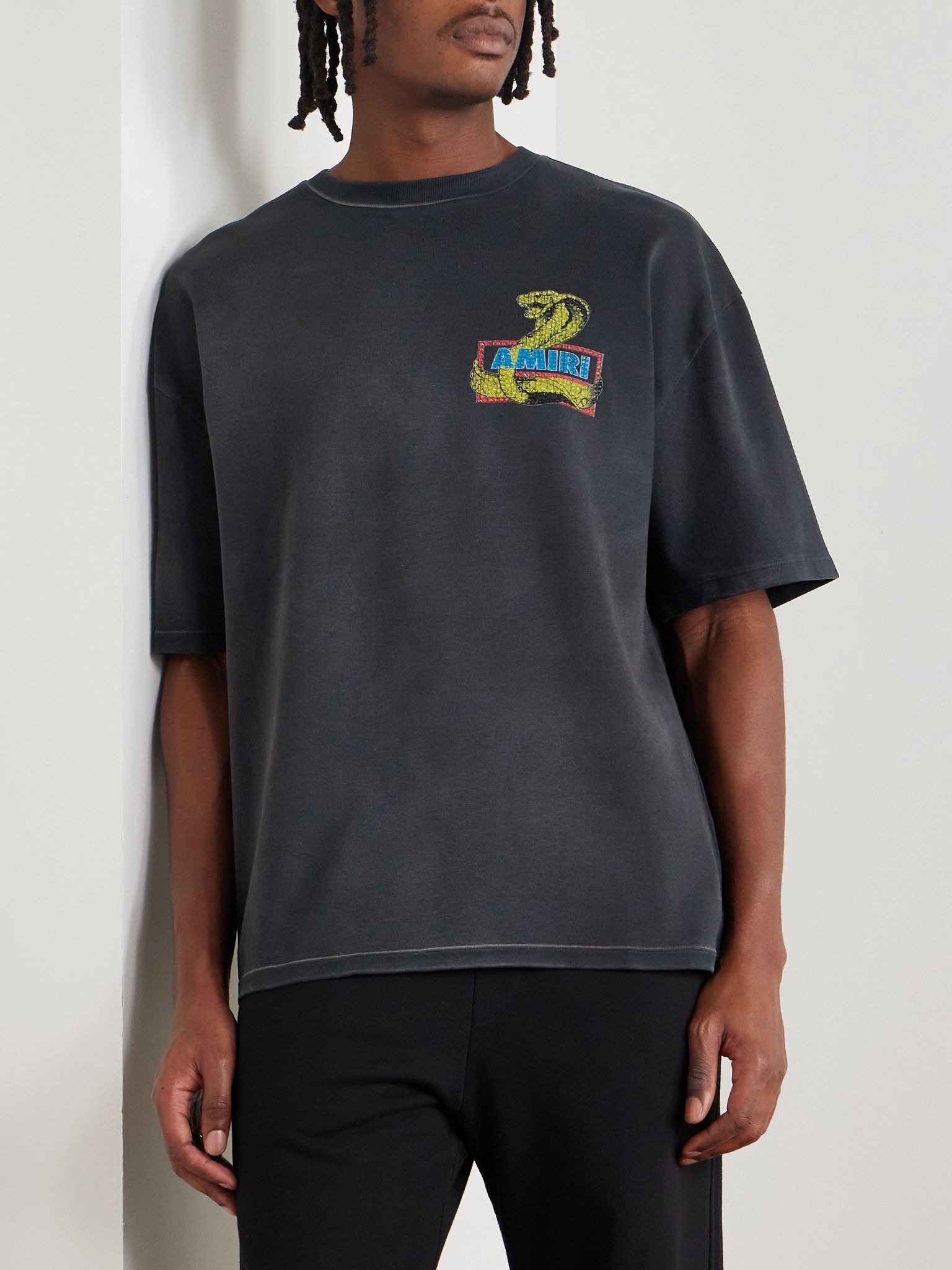 Crystal Cobra Embellished Printed Cotton-Blend Jersey T-Shirt Black - 3