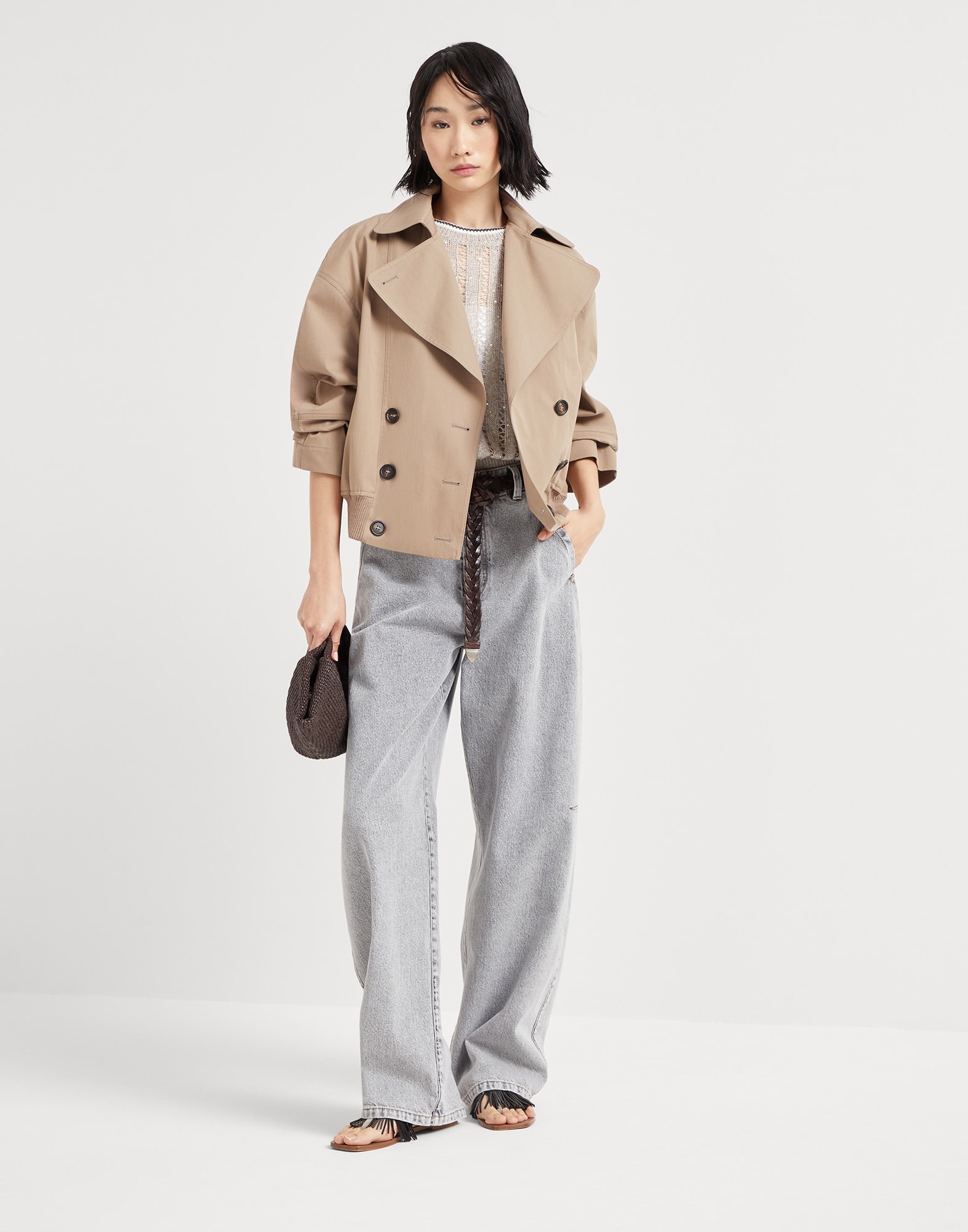 Authentic denim curved trousers with monili - 4