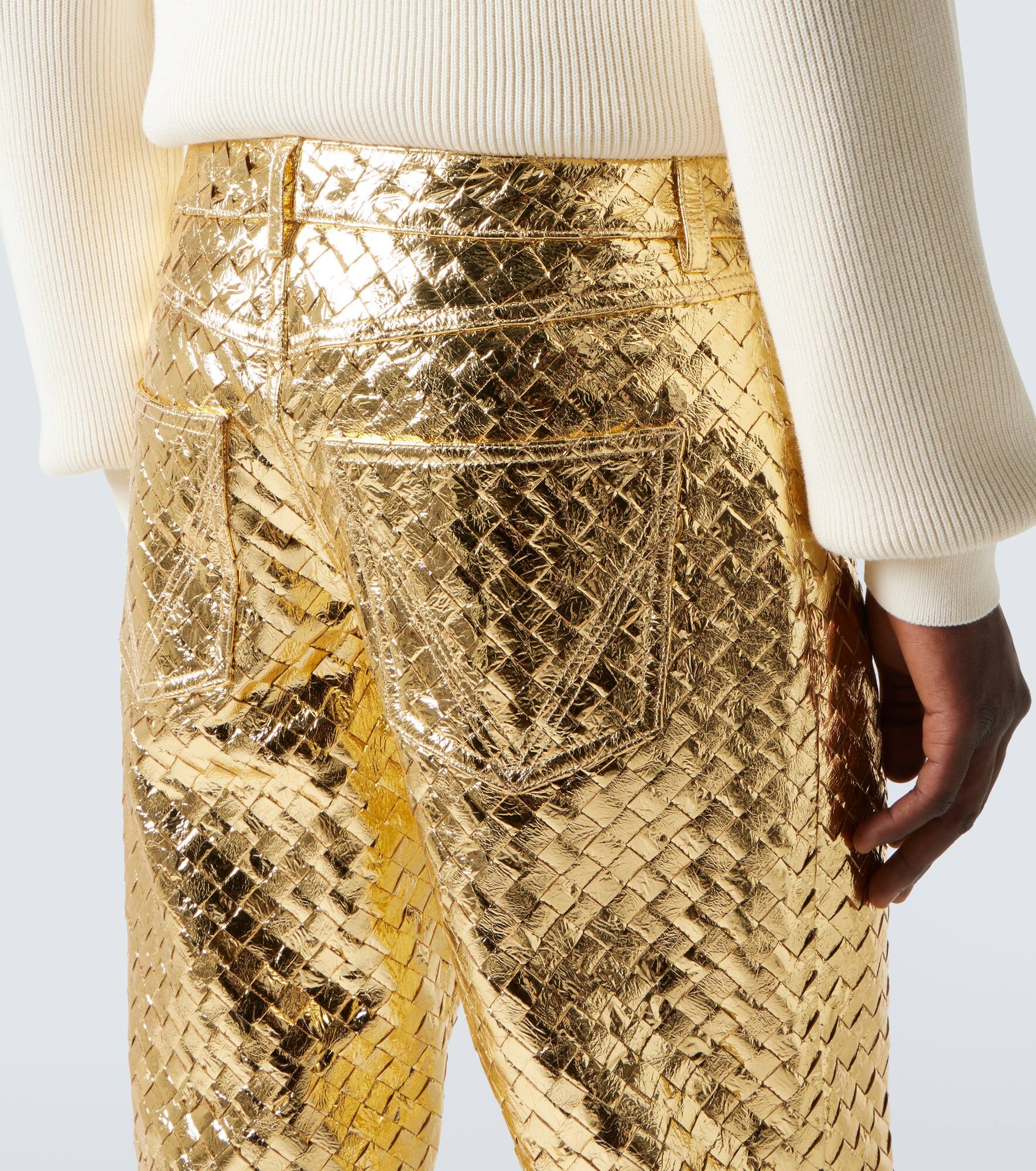 Intrecciato metallic leather straight pants - 7