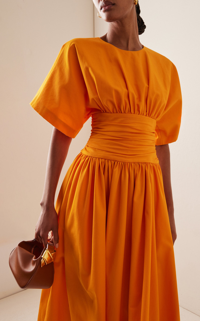 CAROLINA HERRERA Ruched Cotton Poplin Midi Dress orange outlook