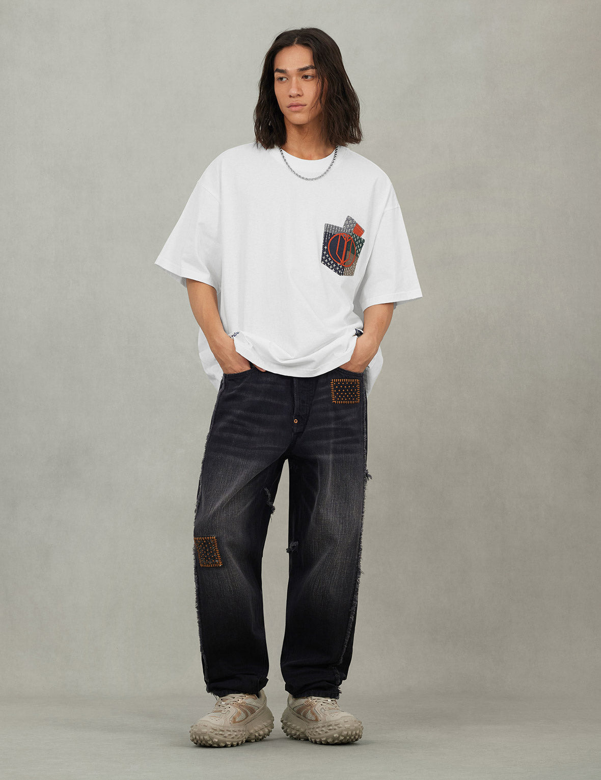 Washed Deconstructed Sashiko Relax Straight Fit Jeans #2030 - 5