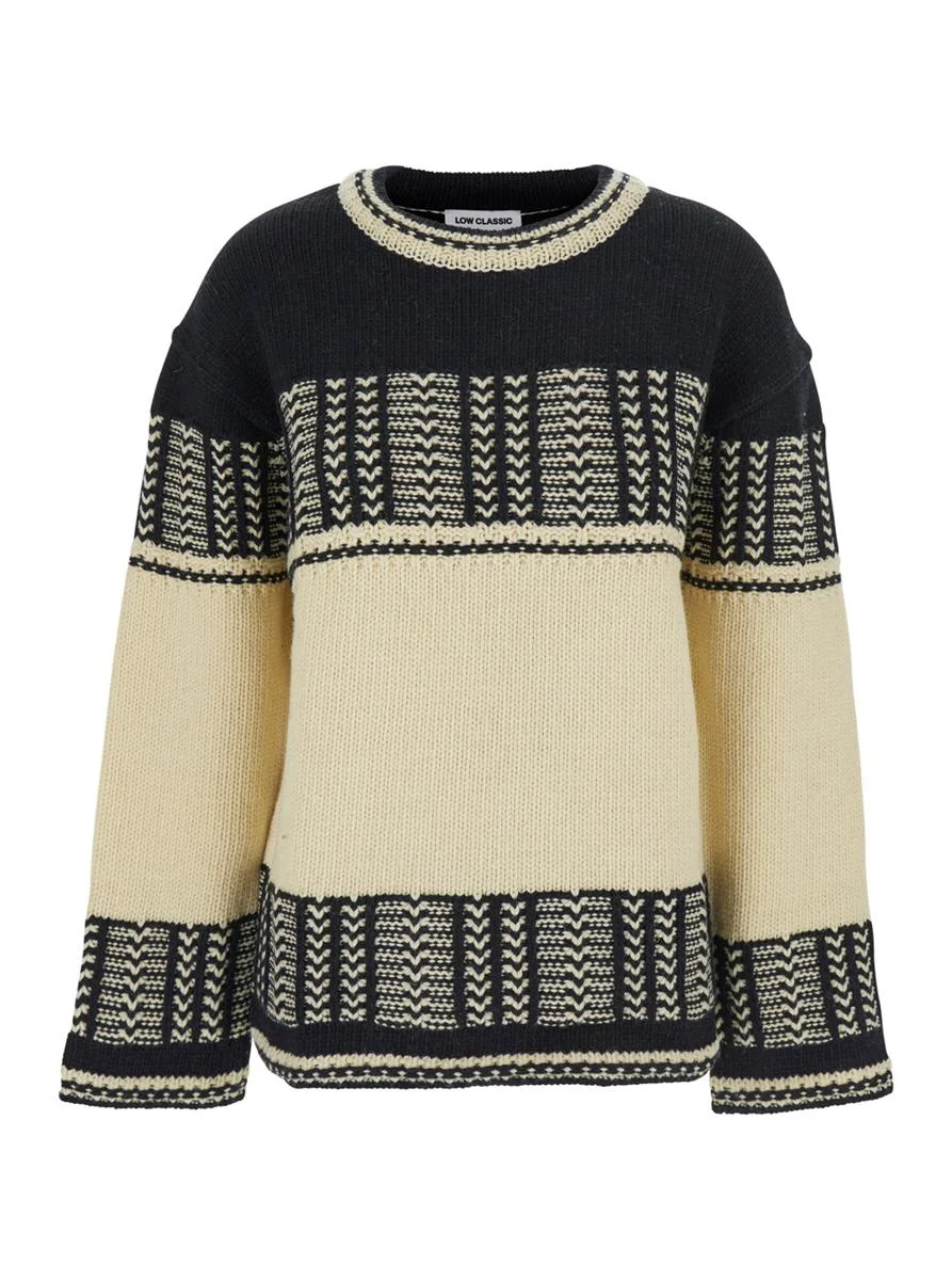 Low Classic Black And White Crew Neck Sweaterwith All-Over Intarsia In Wool Woman - 1