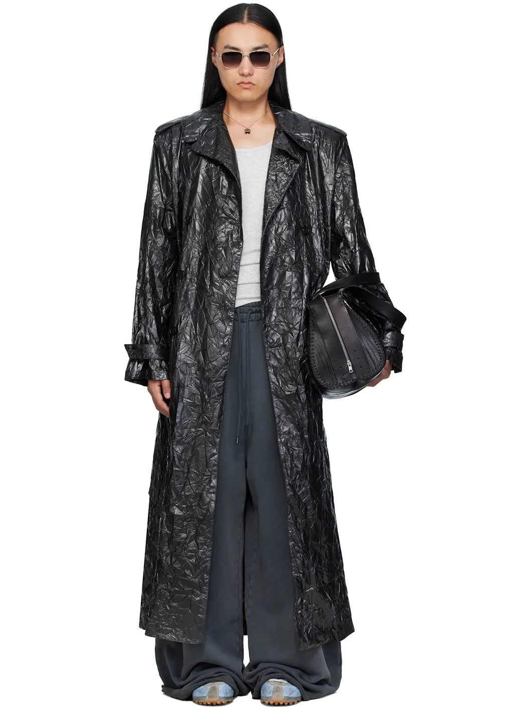 Black Crumple Trench Coat - 1