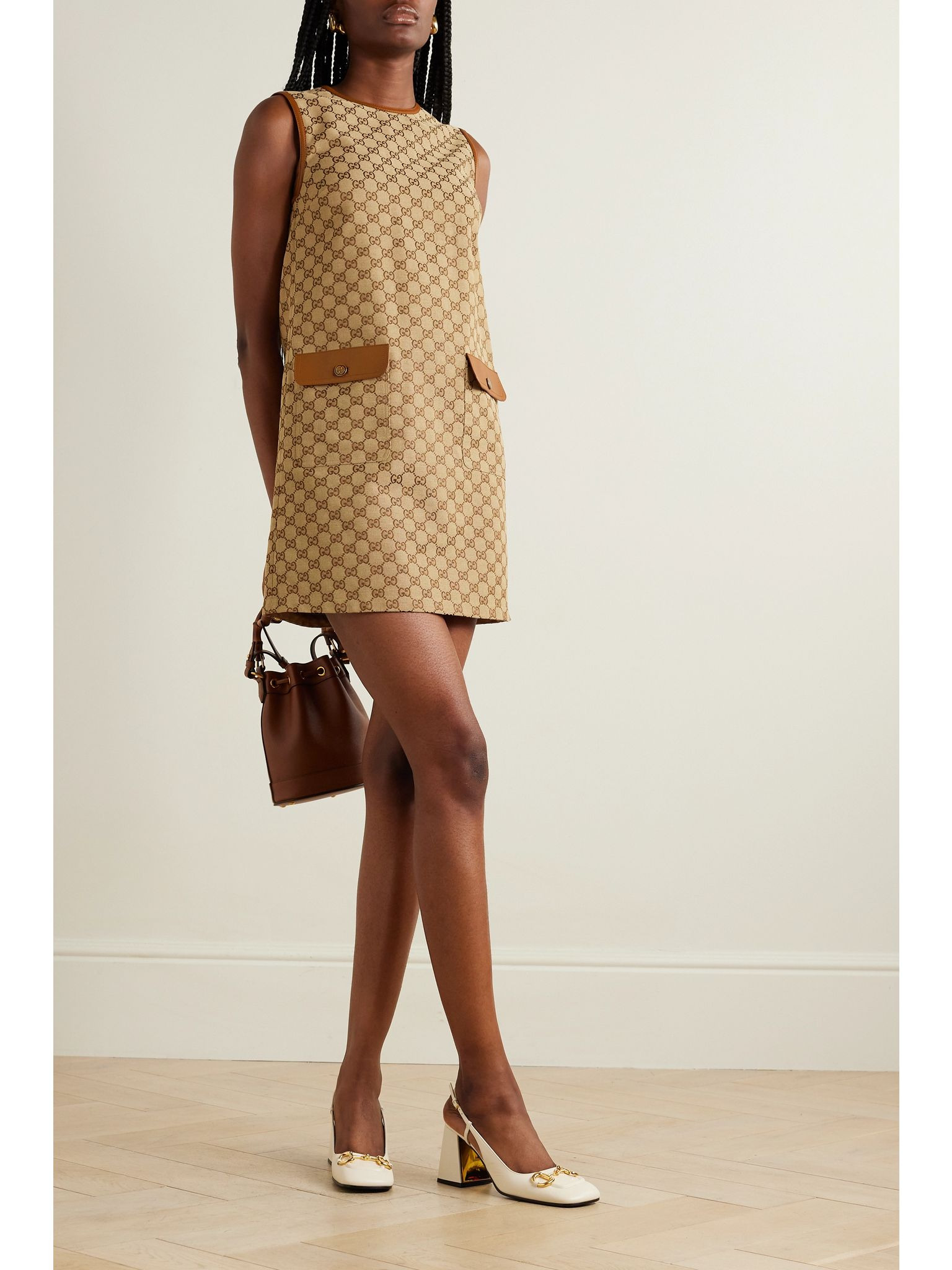 Leather-trimmed cotton-blend canvas-jacquard mini dress Brown - 2