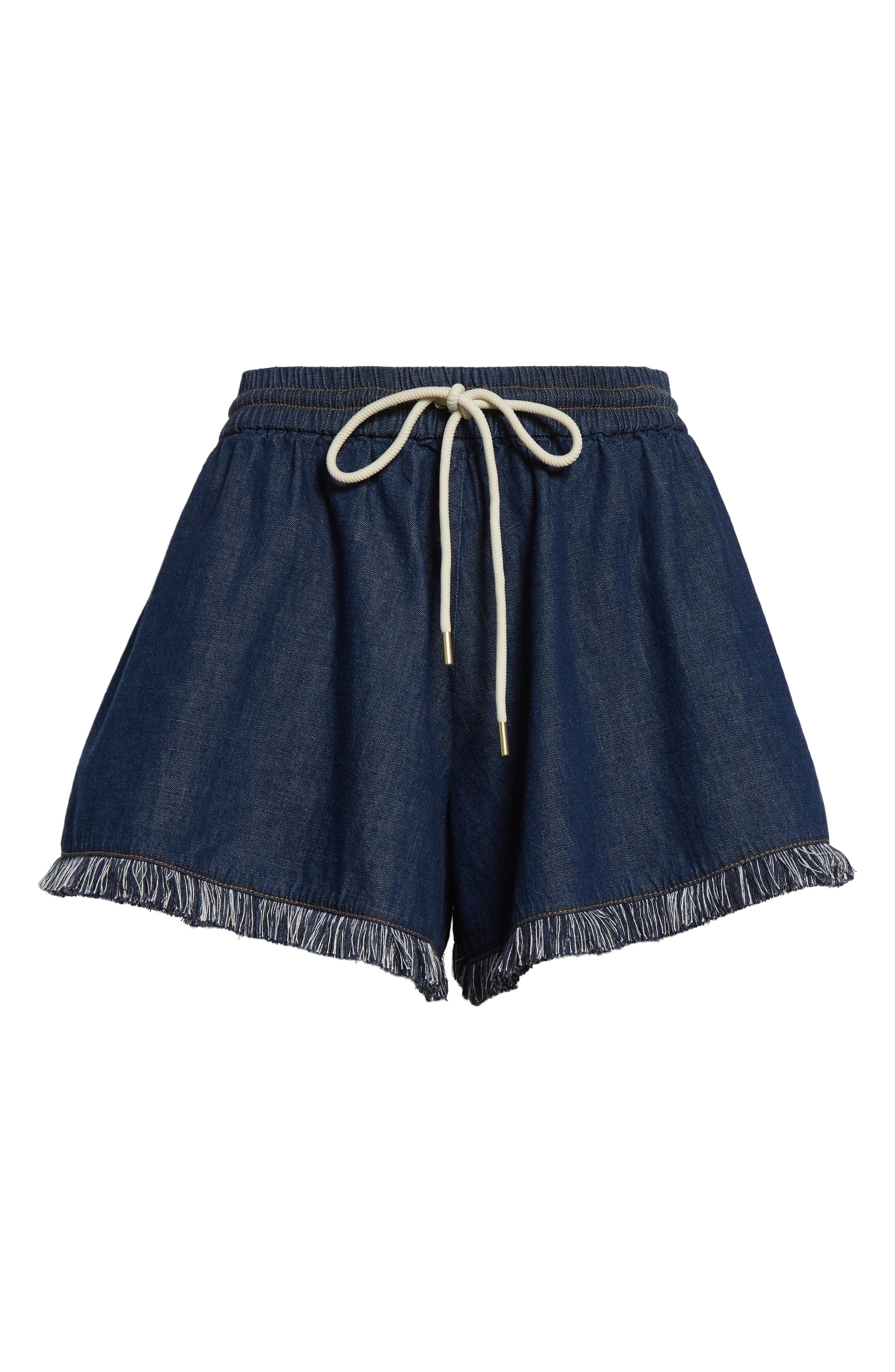 Zimmermann Rhiannon Drawstring Waist Fringe Hem Denim Shorts in Atlantic at Nordstrom - 6