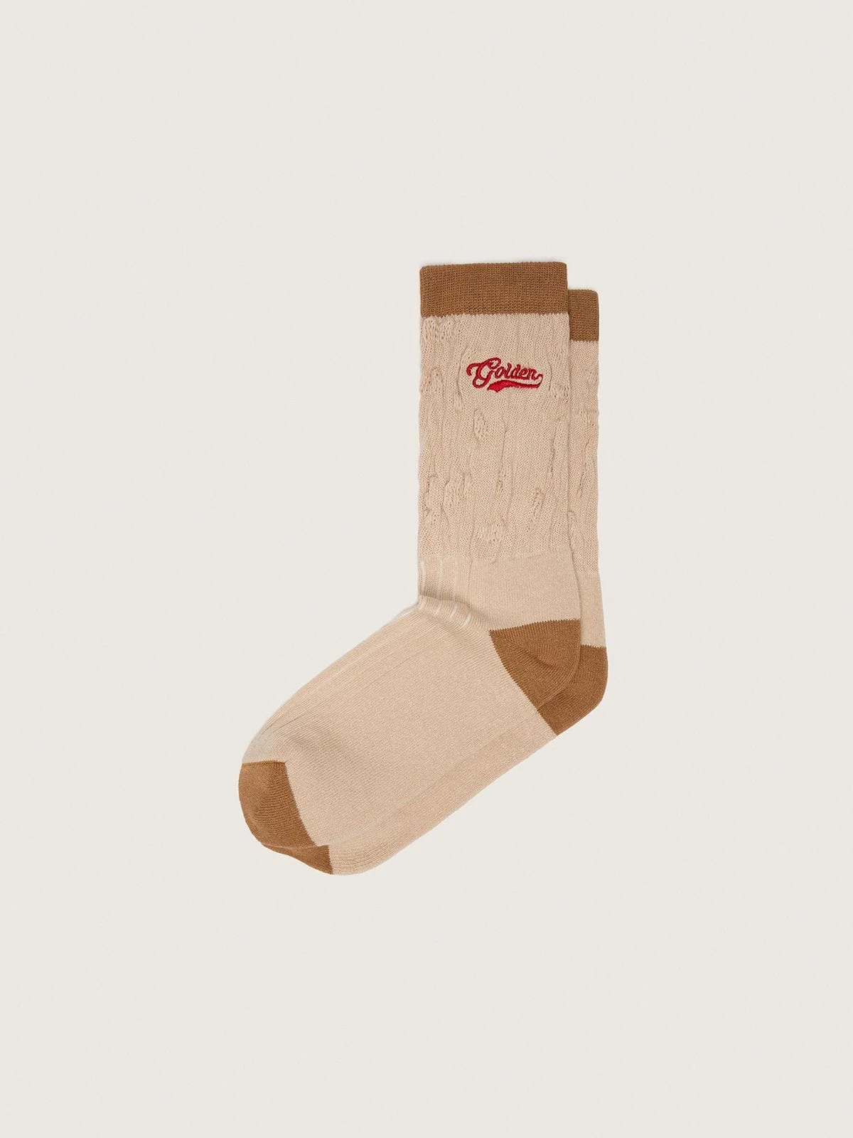 Beige ribbed socks with brown details and red embroidered logo - 1