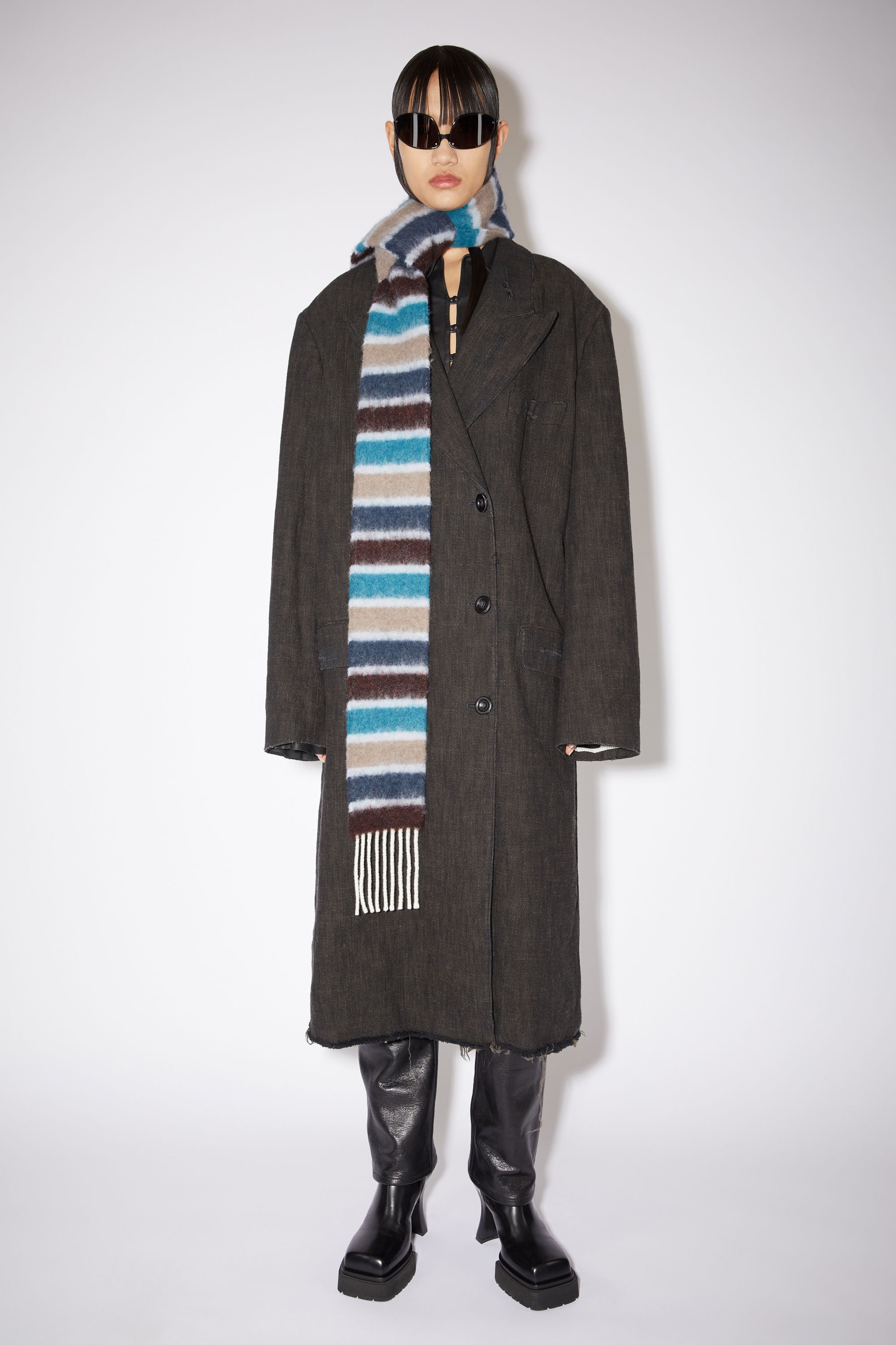 Wool-blend stripe long slim scarf - Blue/brown - 2