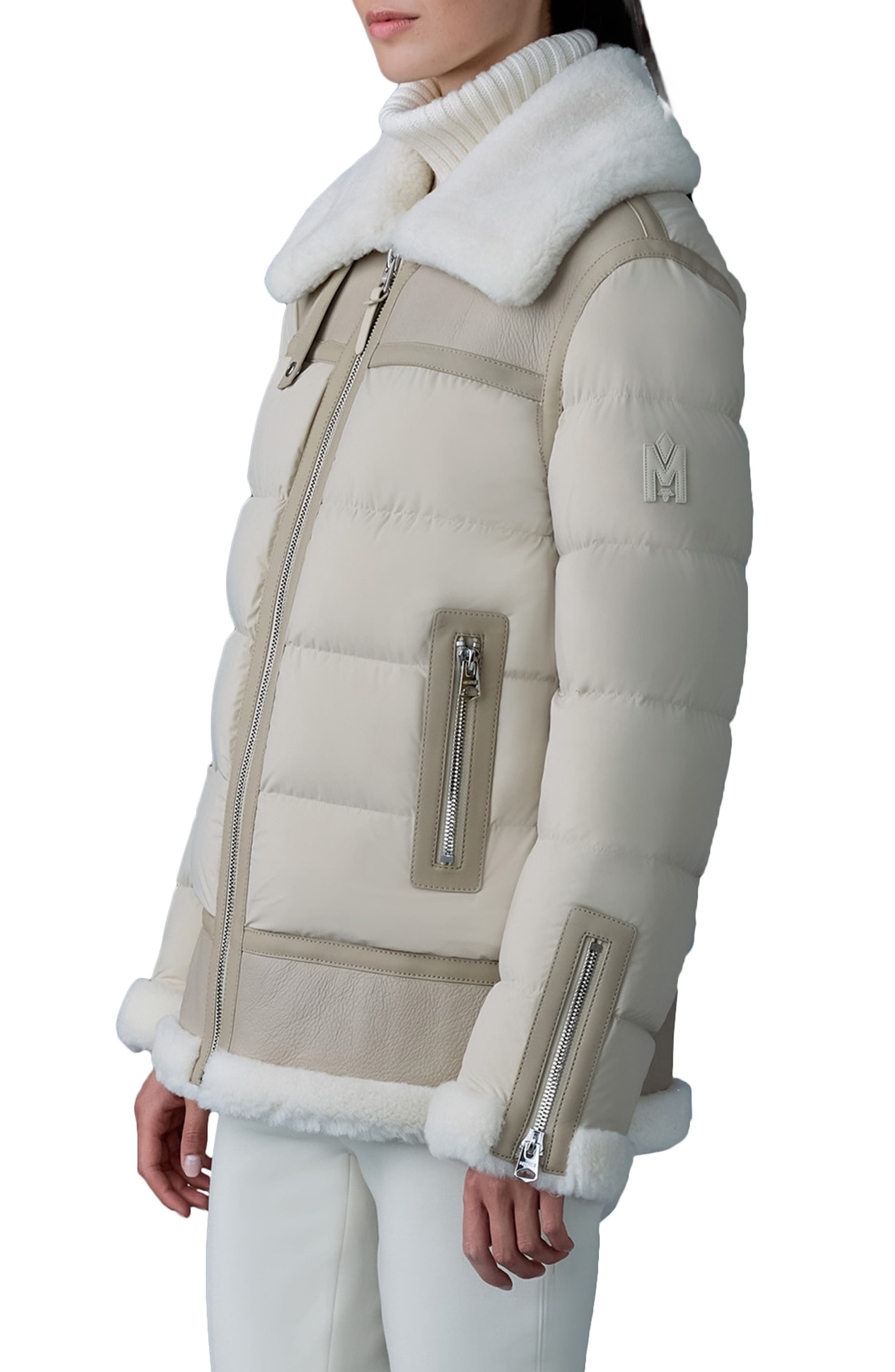 Mackage Vanna Mixed Media Genuine Shearling Down Puffer Coat in Trench-Natural at Nordstrom - 3