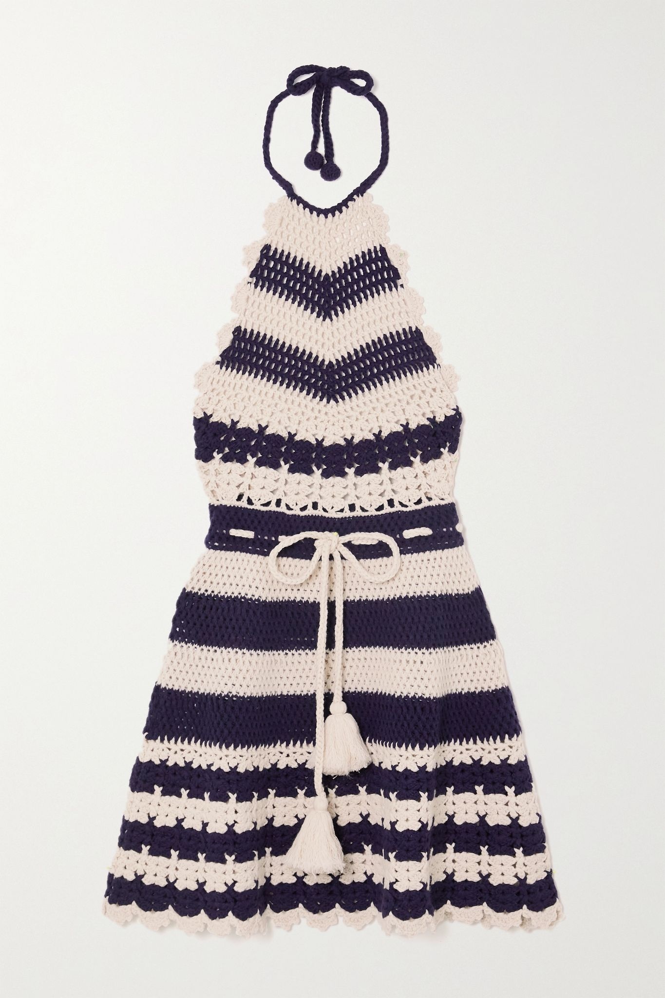 Tasseled striped crocheted wool halterneck mini dress - 1