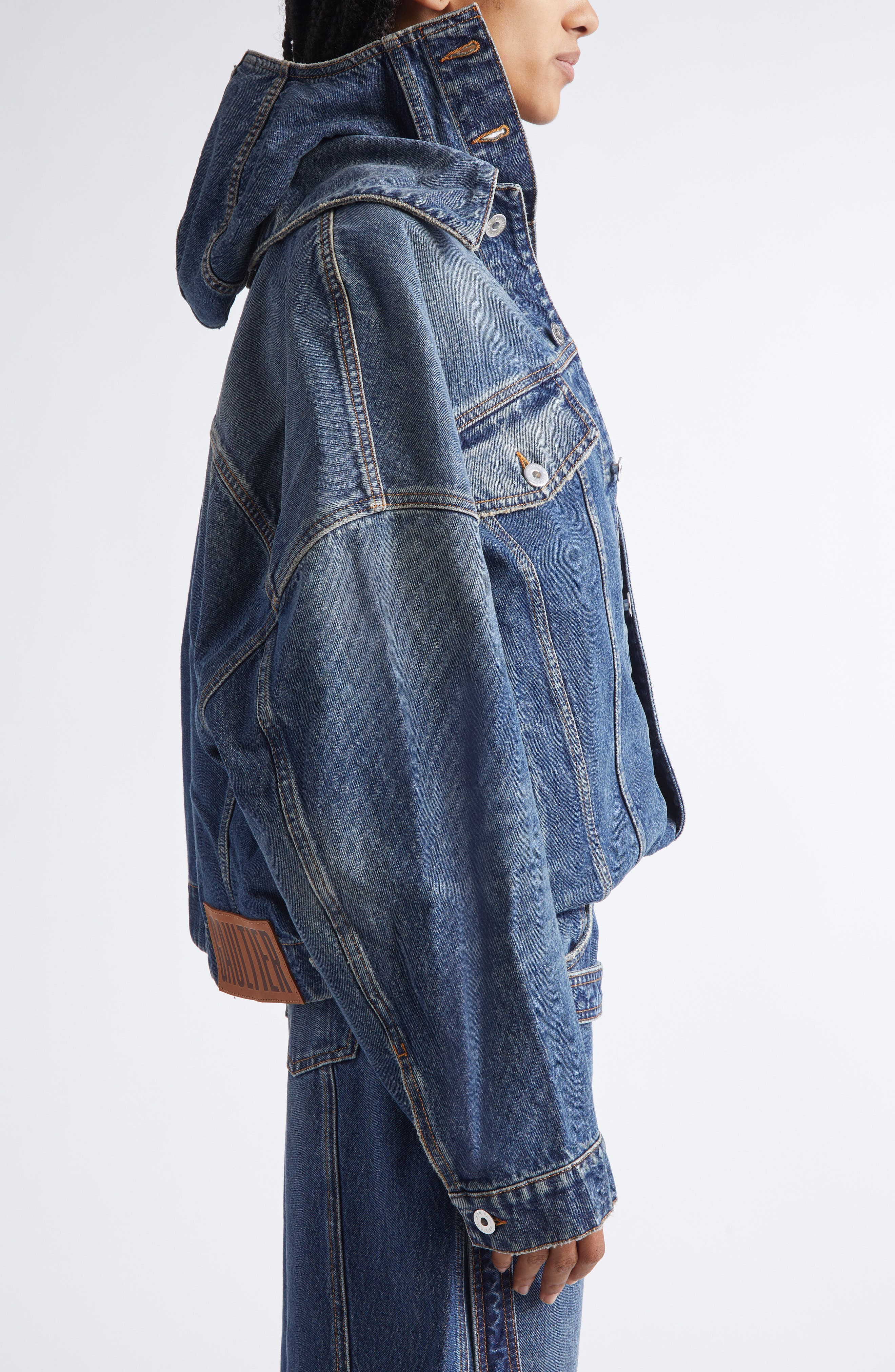 Jean Paul Gaultier Hooded Double Layer Denim Jacket in Vintage Blue at Nordstrom - 5