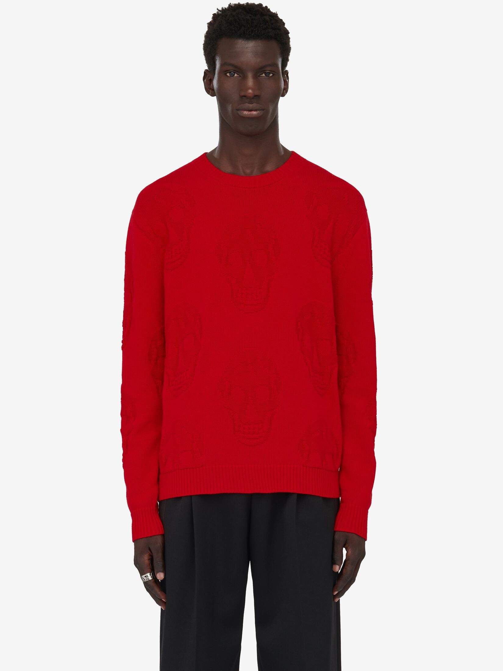 Men's Textured Skull Jumper in Scarlet - 5