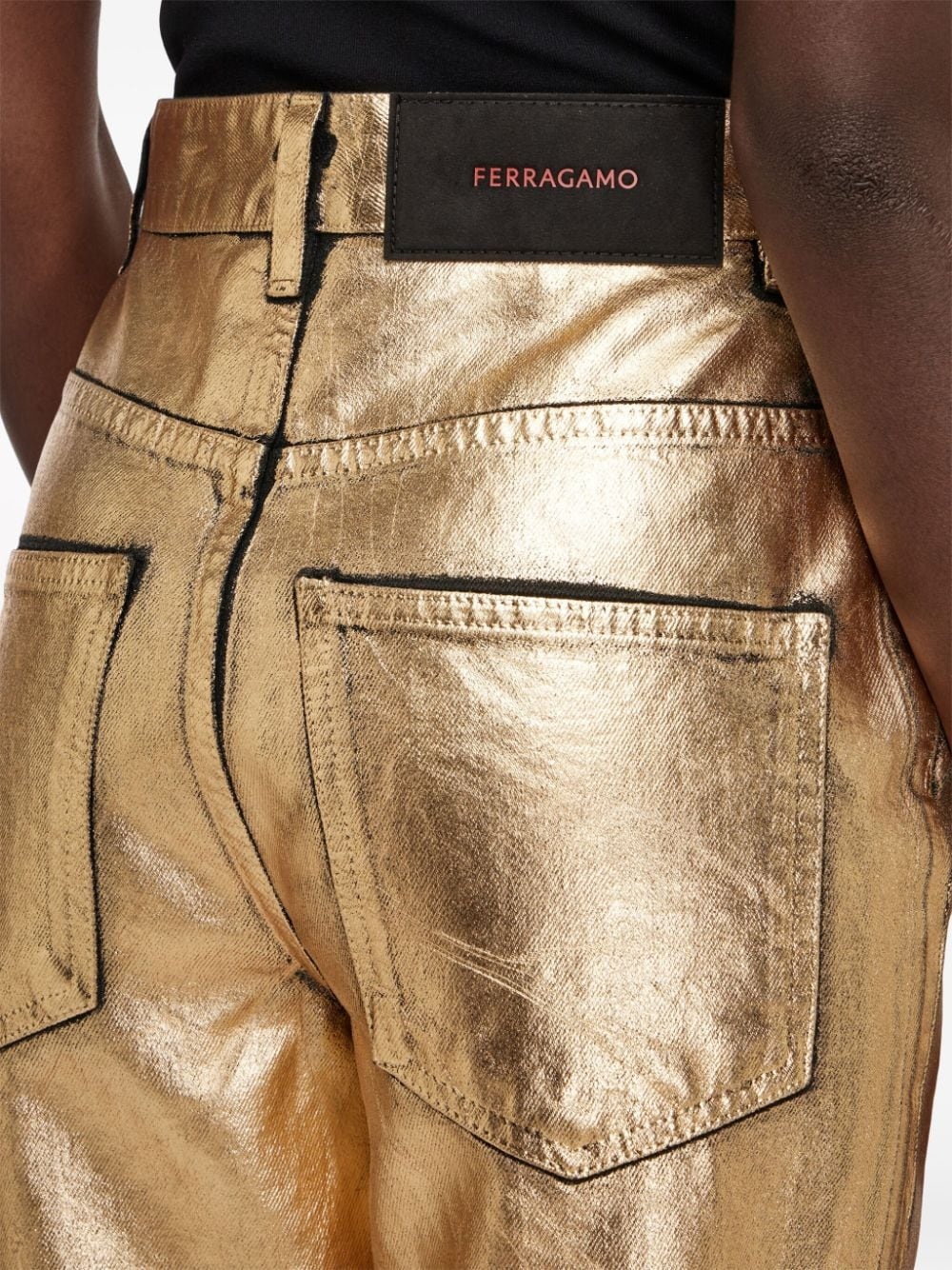 logo-patch metallic-finish high-waist trousers - 5