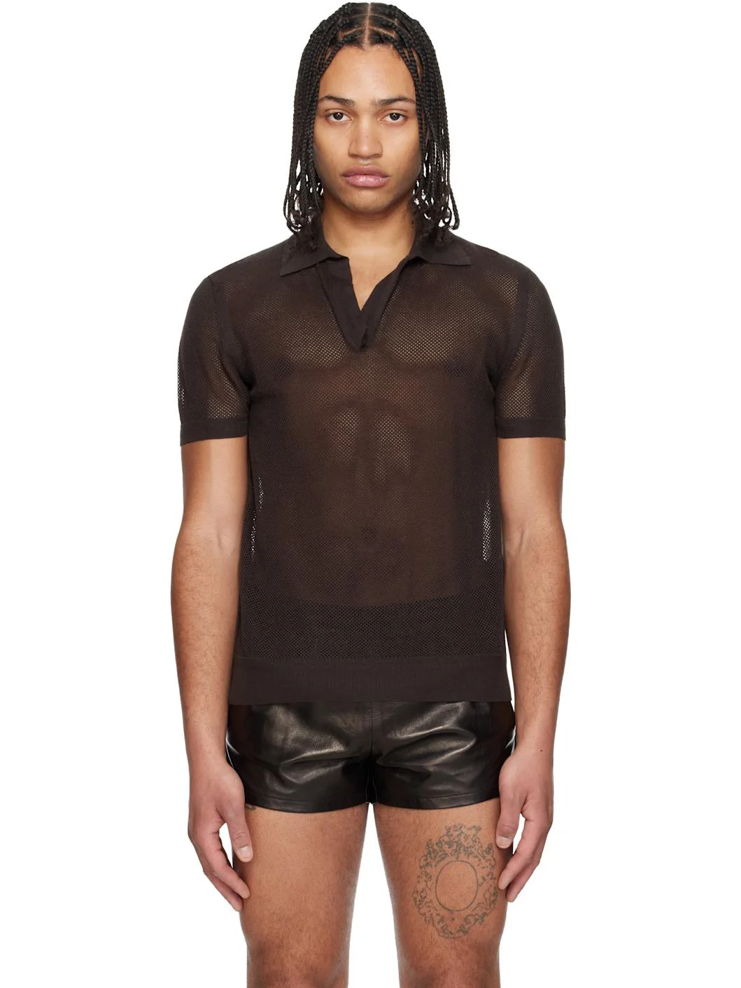 Brown Cotton Silk Mesh S/S Buttonless Polo - 1