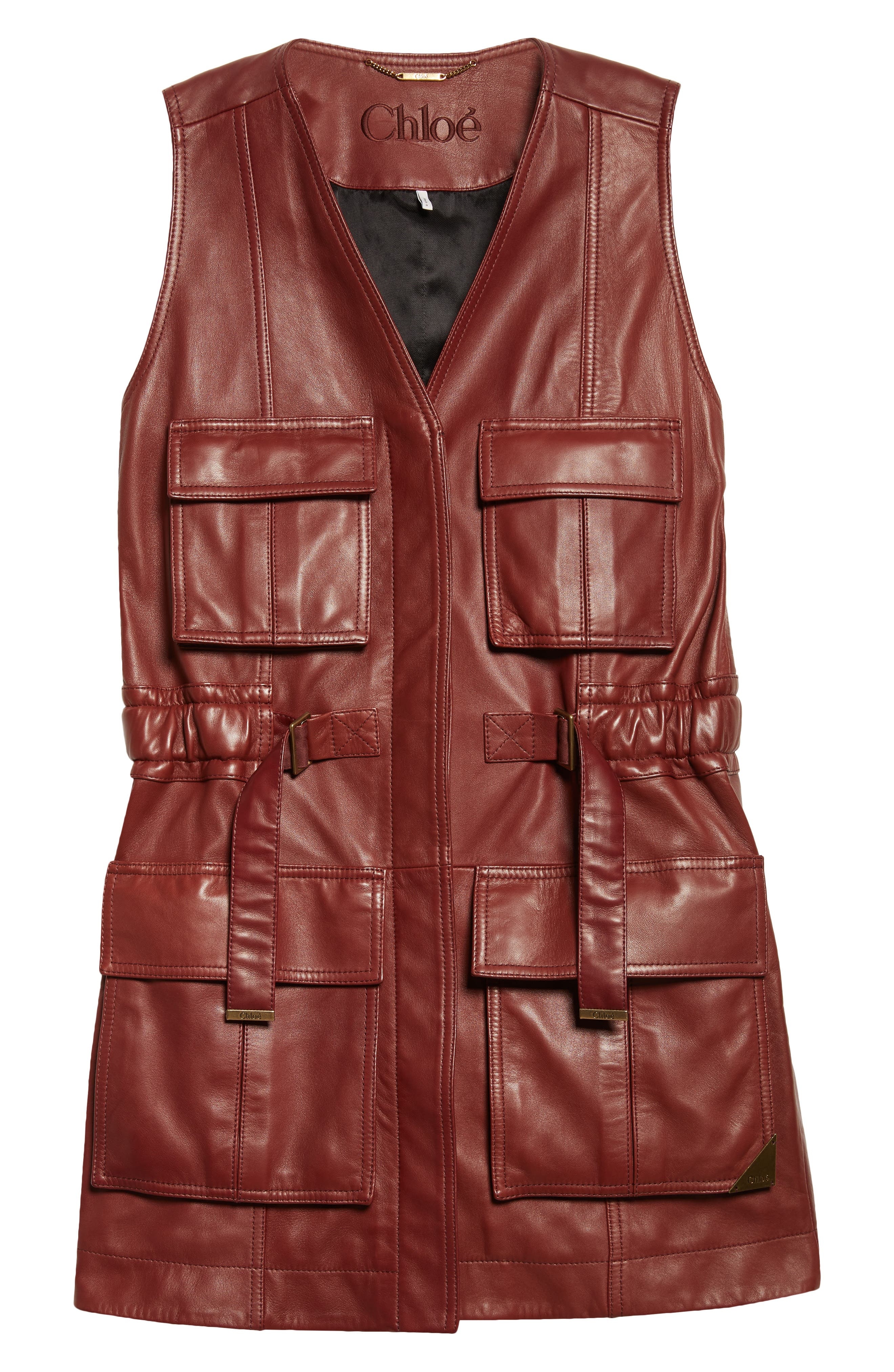Chloé Sleeveless Leather Utility Coat in Faded Mahogany at Nordstrom - 5