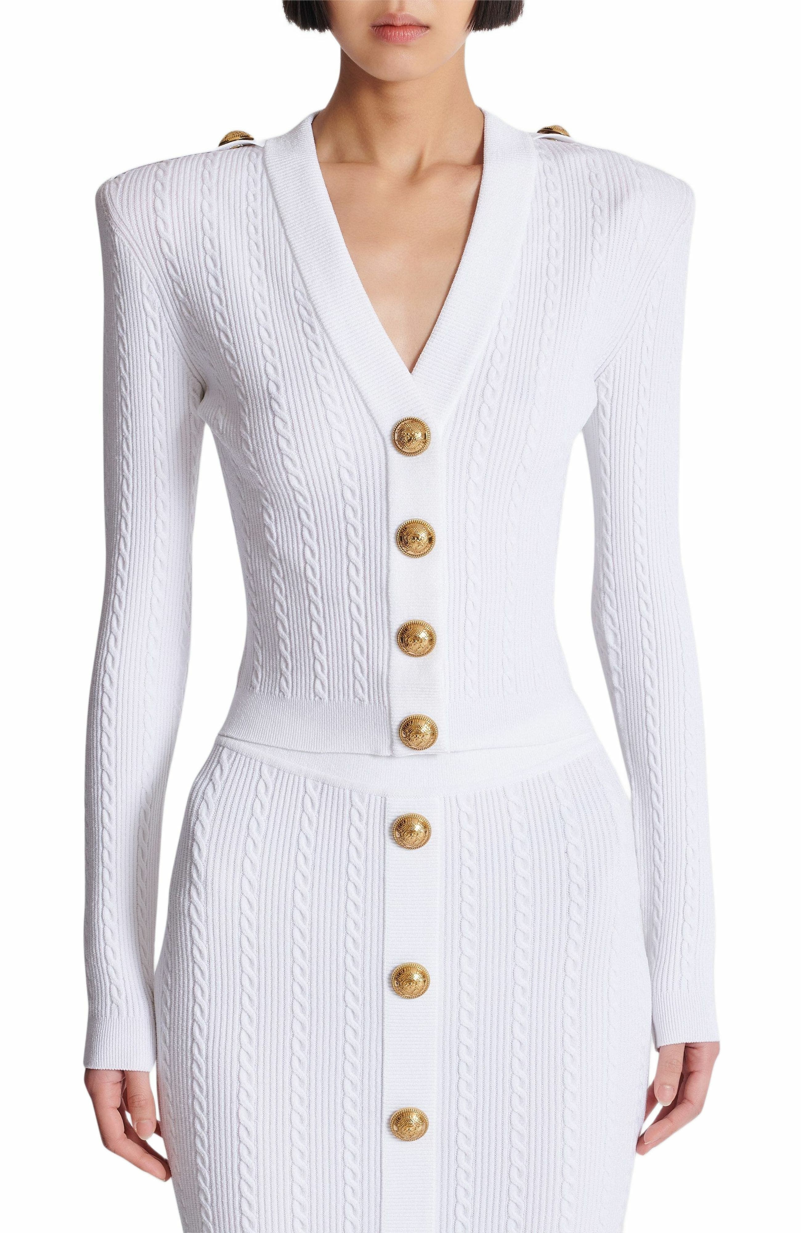Balmain Long-sleeved cable-knit cardigan in White at Nordstrom - 7