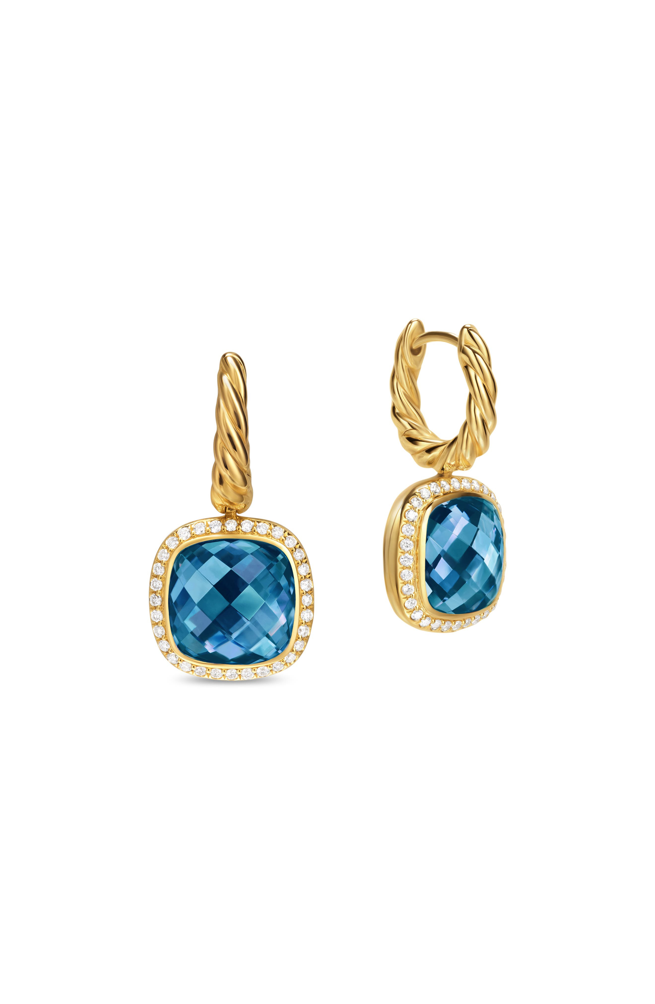 David Yurman Albion® Drop Earrings in 18K Yellow Gold with Diamonds, 10mm in 18K Gold/Blue Topaz at  - 2