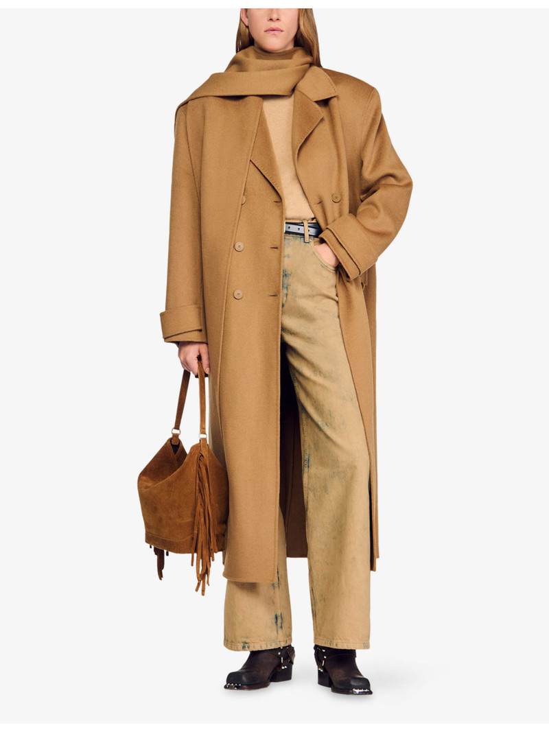 Sandro Integrated-scarf relaxed-fit wool coat outlook