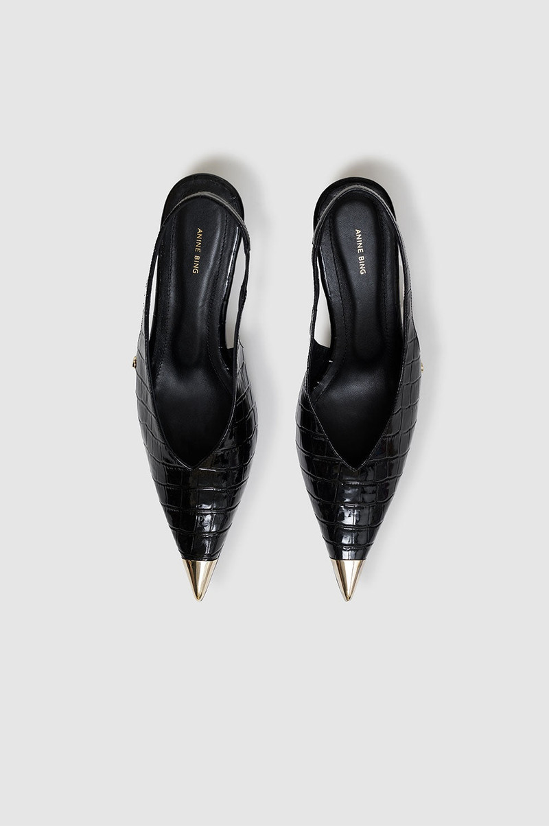 Nina Heels With Metal Toe Cap - Black Embossed 2