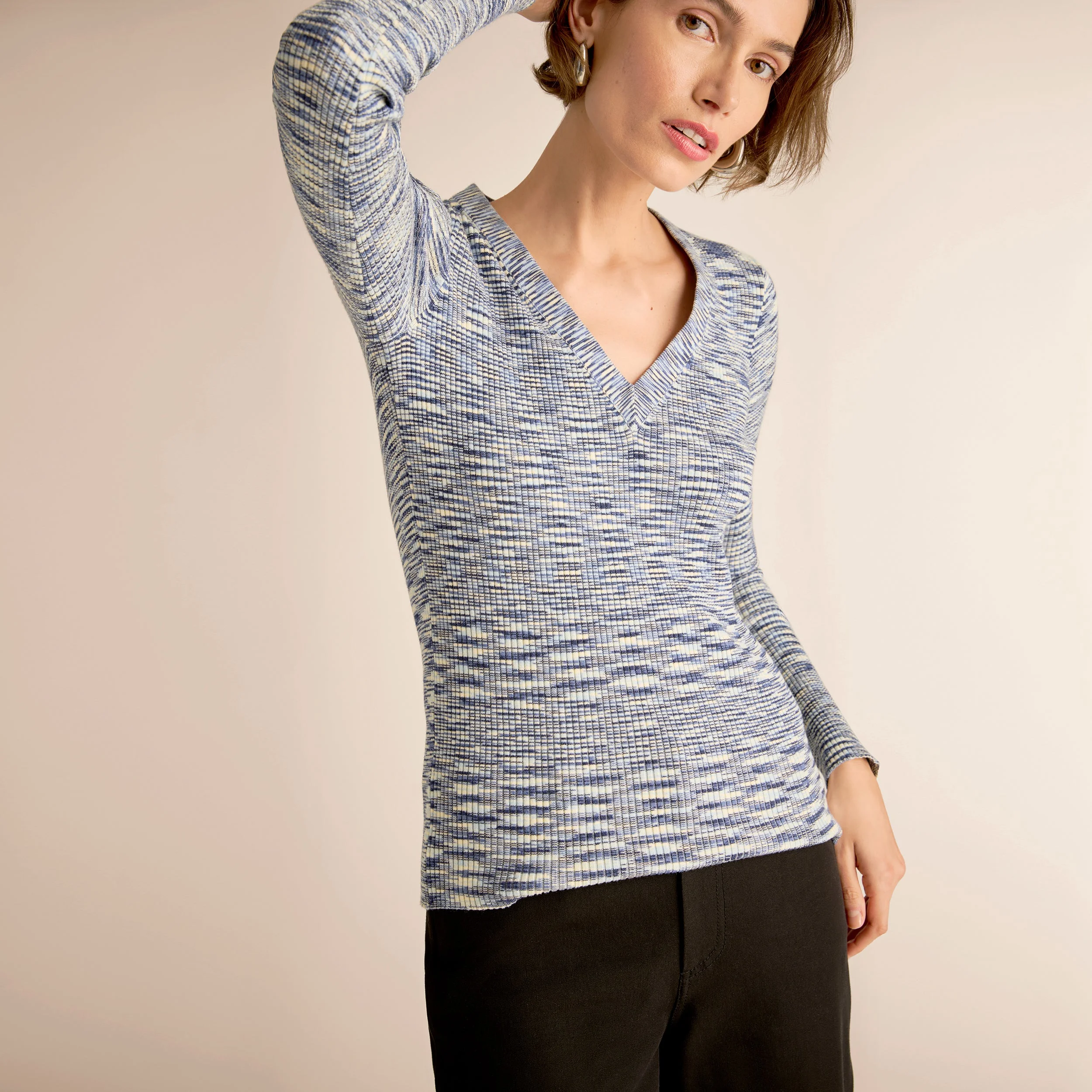 Yanka Fitted V-Neck Sweater - Space Dye Rib Knit - 1