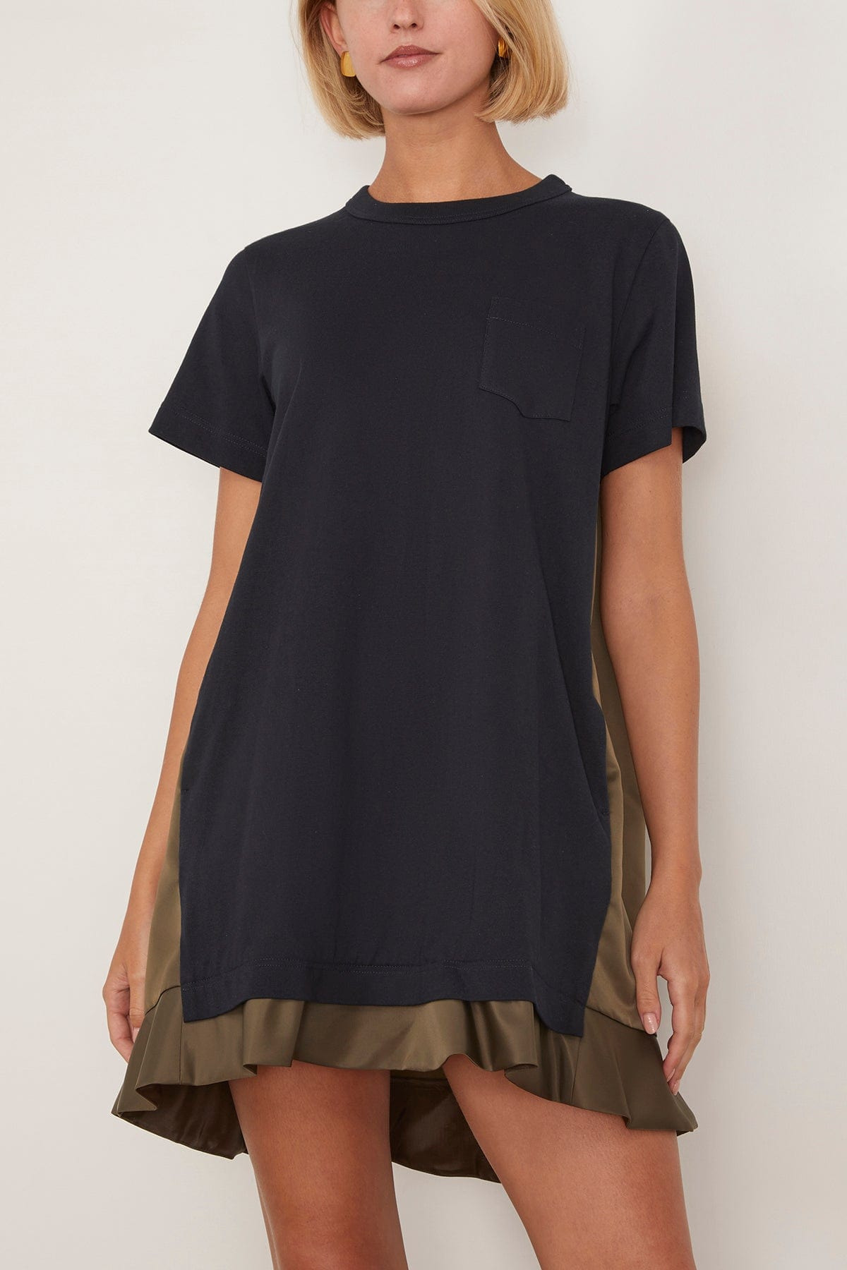 Nylon Twill x Cotton Jersey Dress in Navy/Dark Khaki - 3