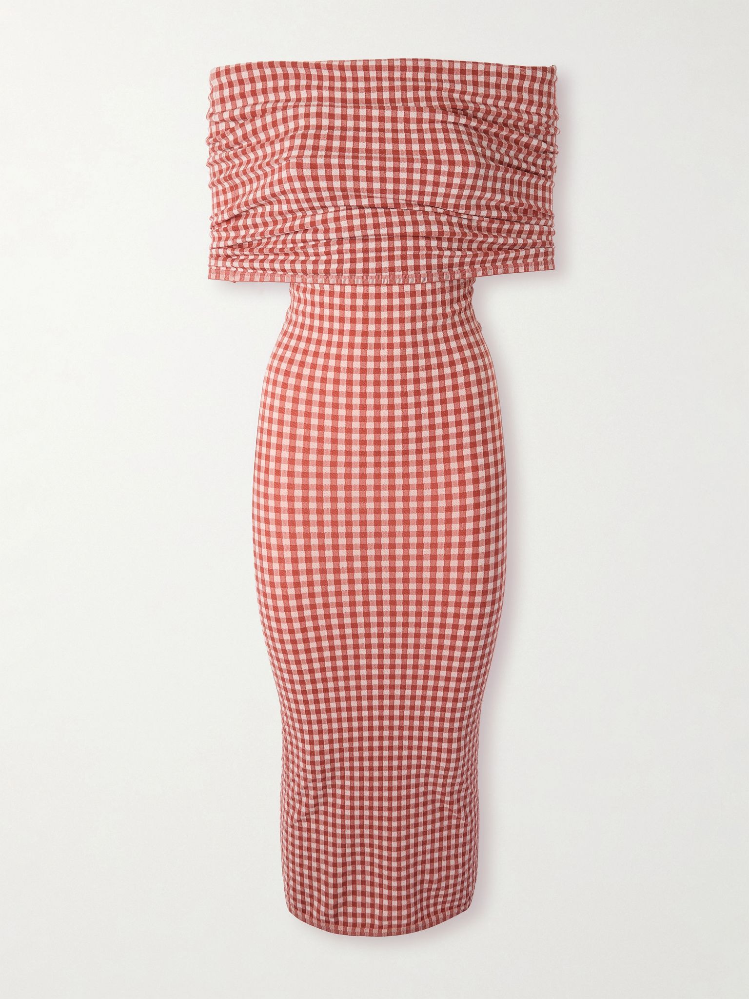 Off-the-shoulder checked stretch-knit midi dress Red - 1