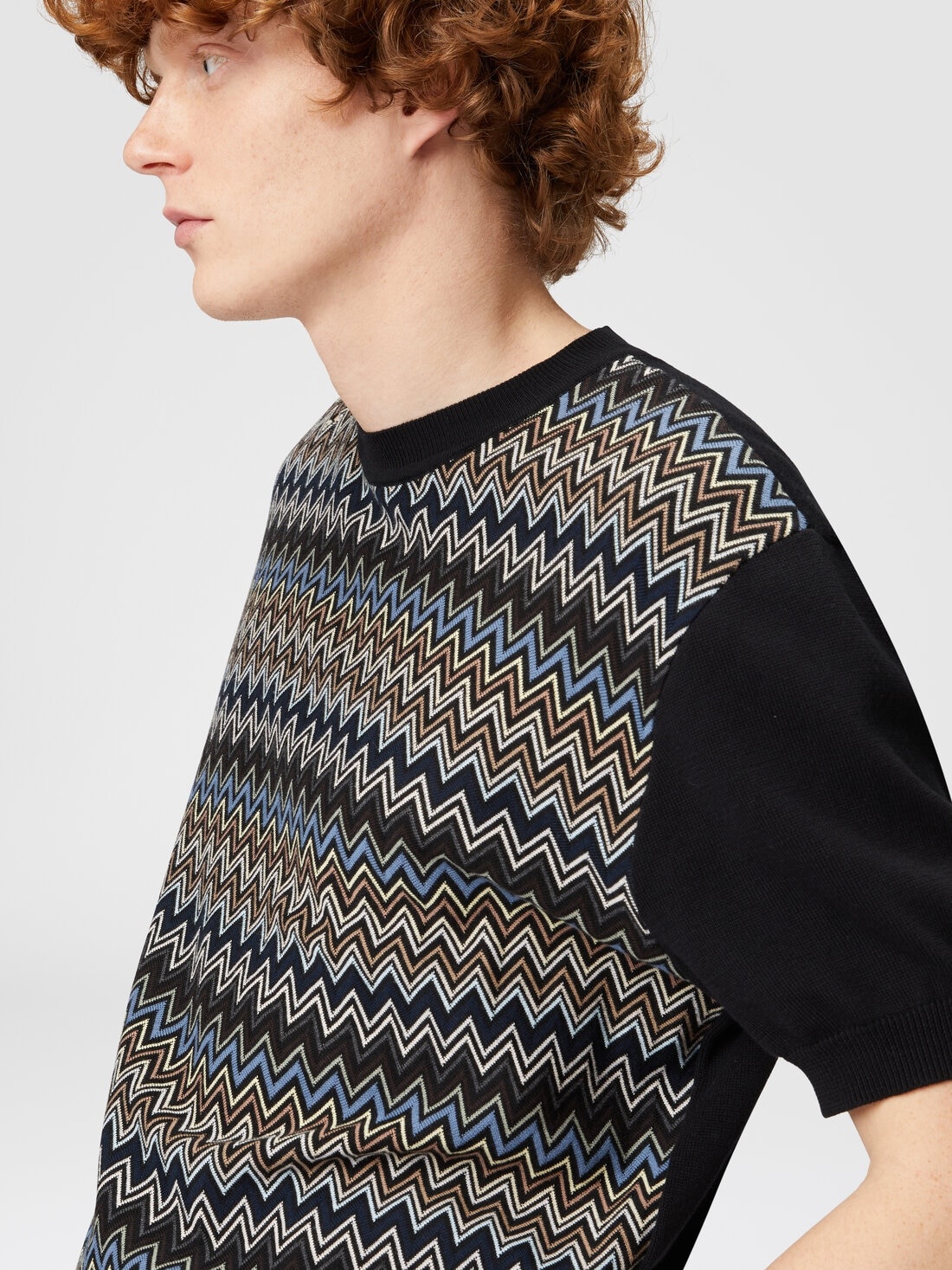 Zigzag cotton knit T-shirt with solid color inserts - 5