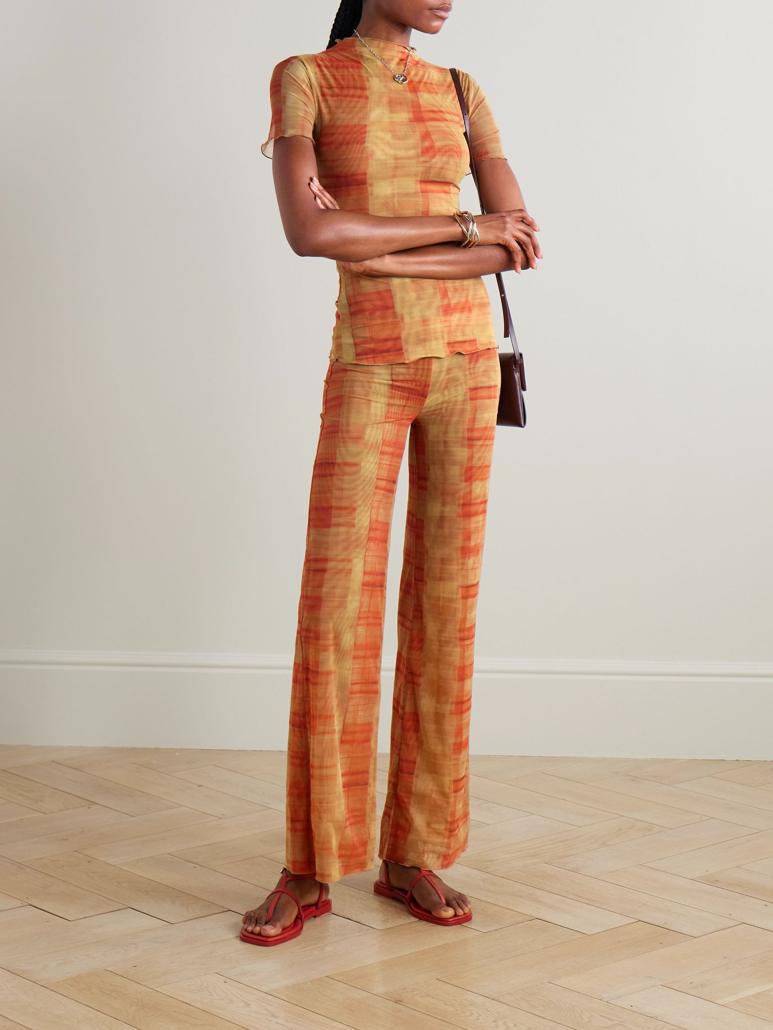 Ferrera checked stretch-tulle straight-leg pants Orange - 2