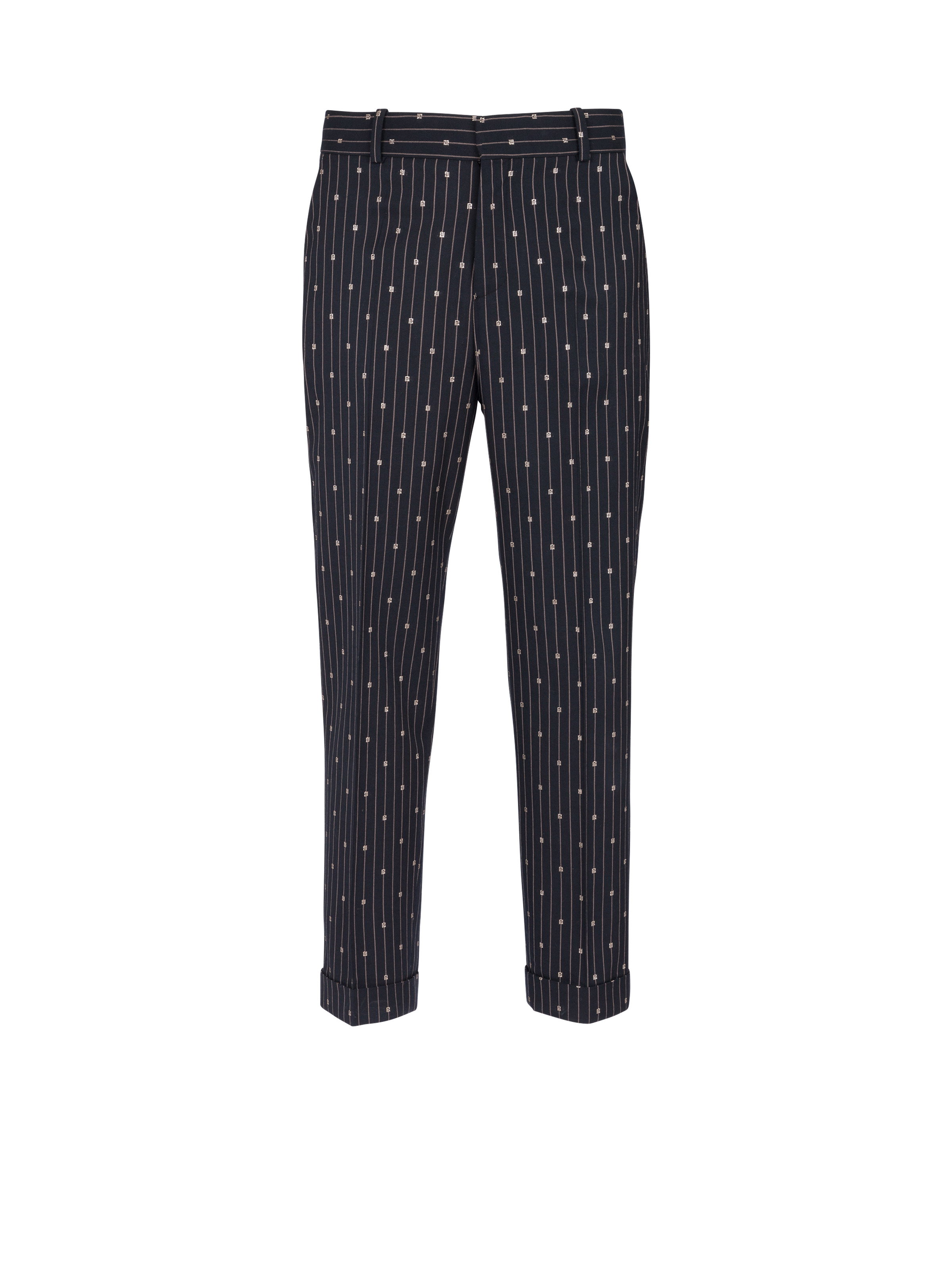 Monogrammed wool trousers with creases and thin stripes - 1