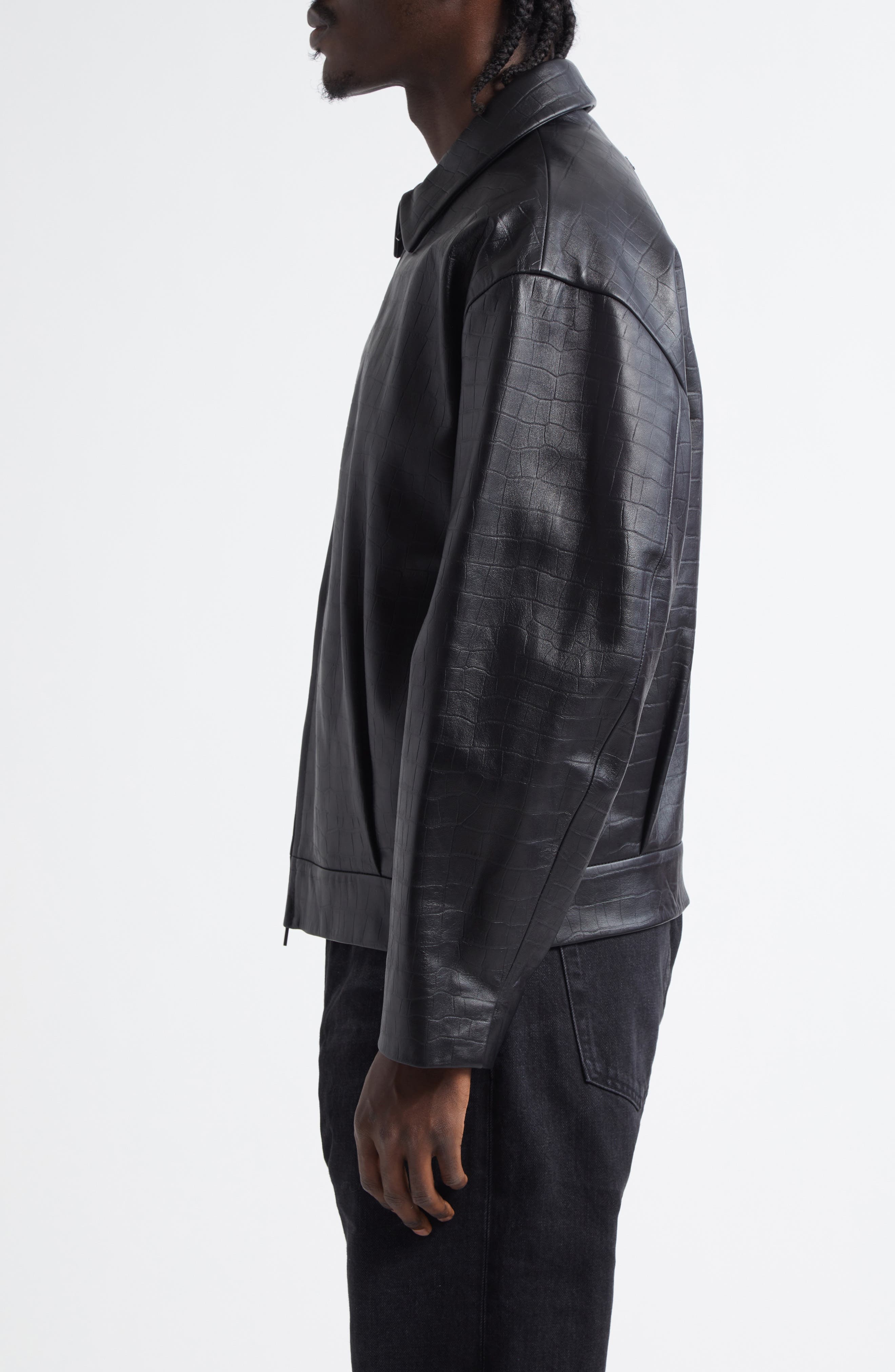 Fear of God Crocodile-Embossed Crop Leather Jacket in Black at Nordstrom - 3