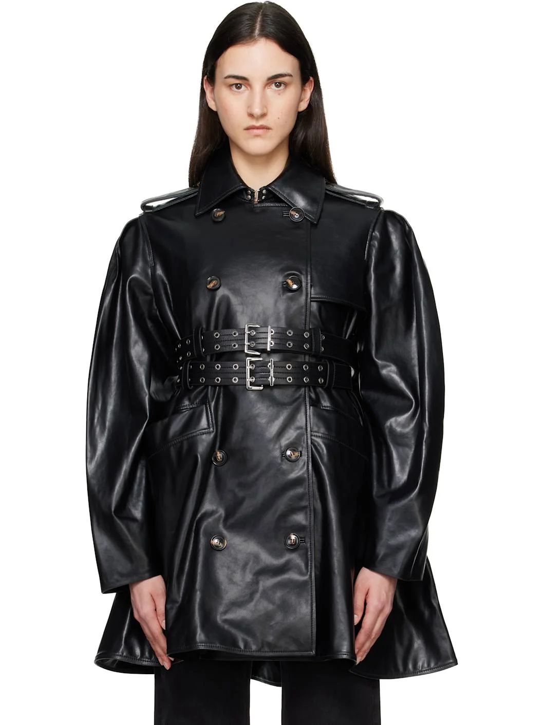 Black Peplum Recycled Leather Trench Coat - 1