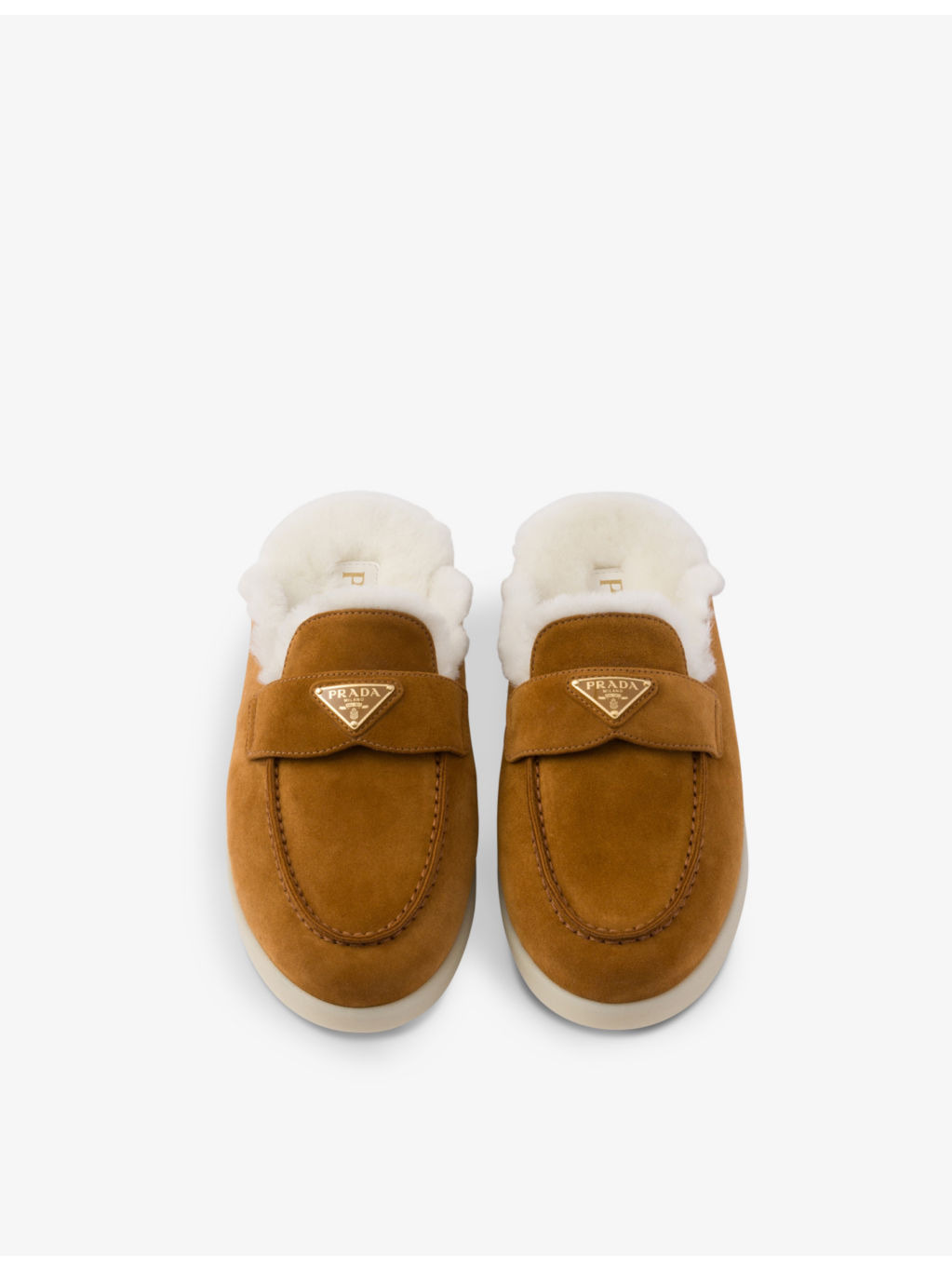 Brand-plaque suede and shearling mules - 5