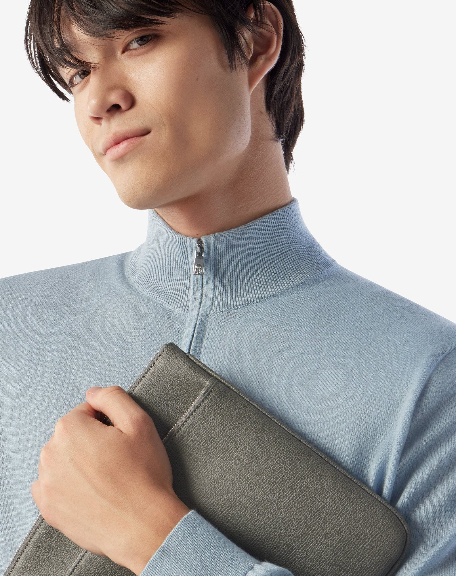 Light blue silk and cashmere full zip knitwear - 4