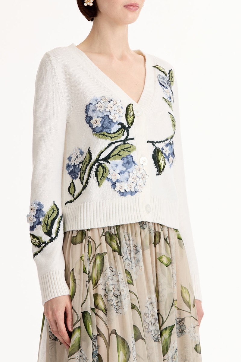 Oscar de la Renta Porcelain Flower V Neck Cardigan outlook
