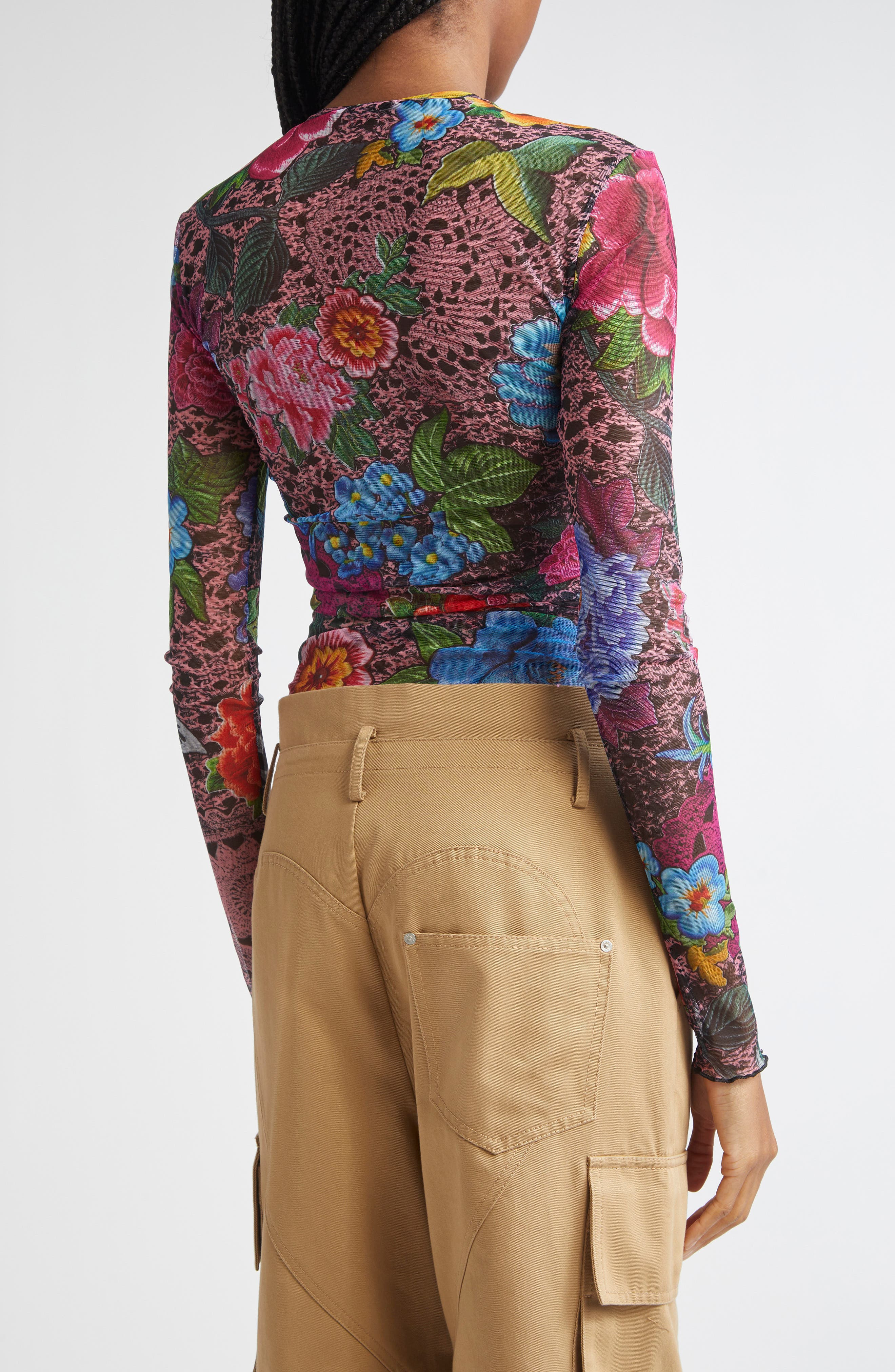 Area Crystal Embellished Floral Tulle Top in Pink Multi at Nordstrom - 2
