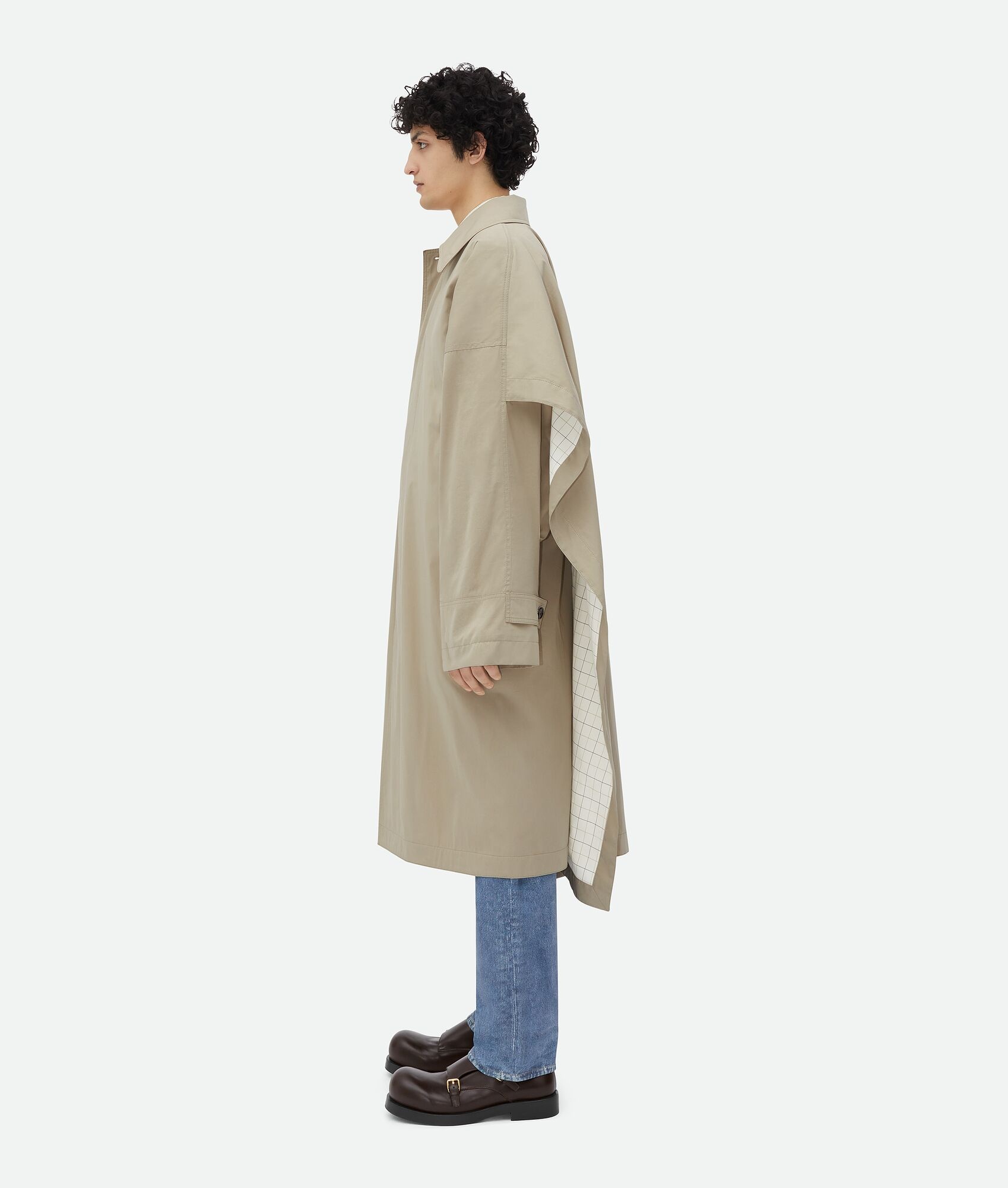 Cotton Silk Cape Trench With Check Lining - 2
