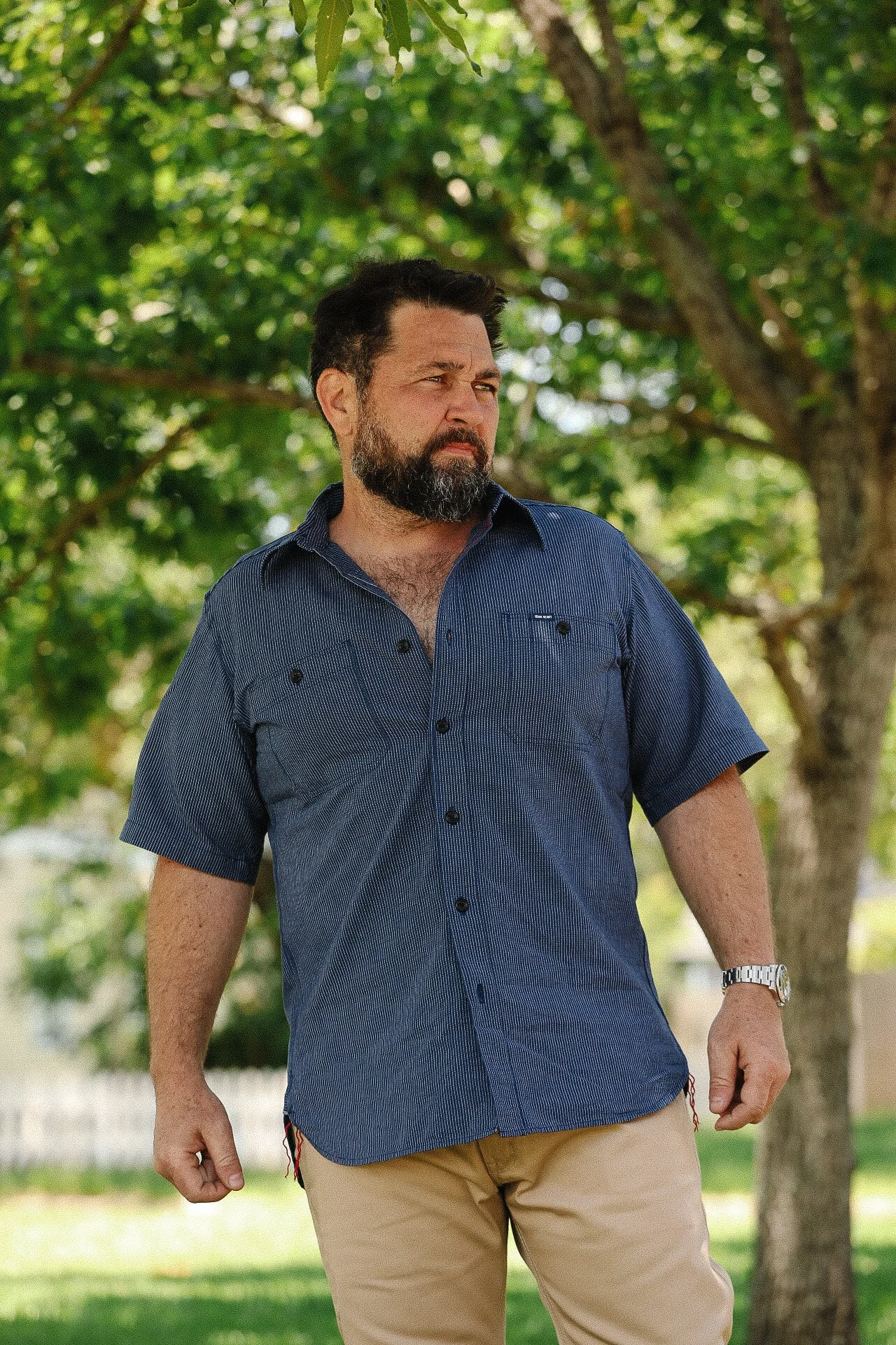 5OZ SELVEDGE OX CLOTH SHORT SLEEVED WORK SHIRT - PINSTRIPE IHSH-420-PIN - 1