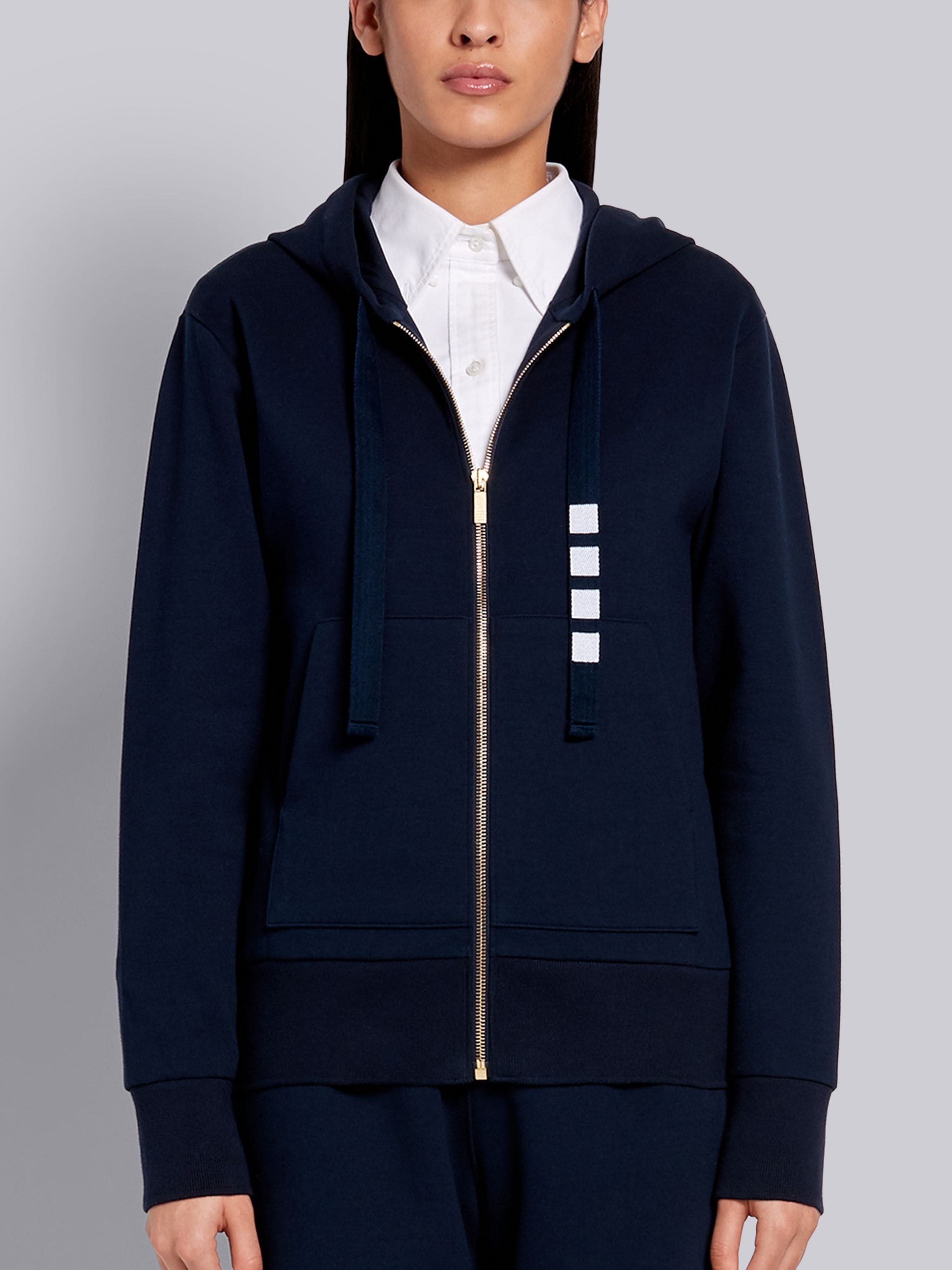 Navy Compact Double Knit Cotton Zip-up 4-Bar Hoodie - 1