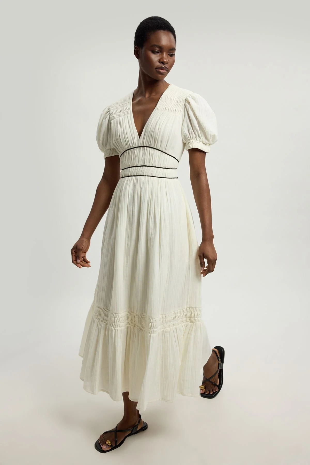 Double Cloth Contrast Piping Midi Dress - 1