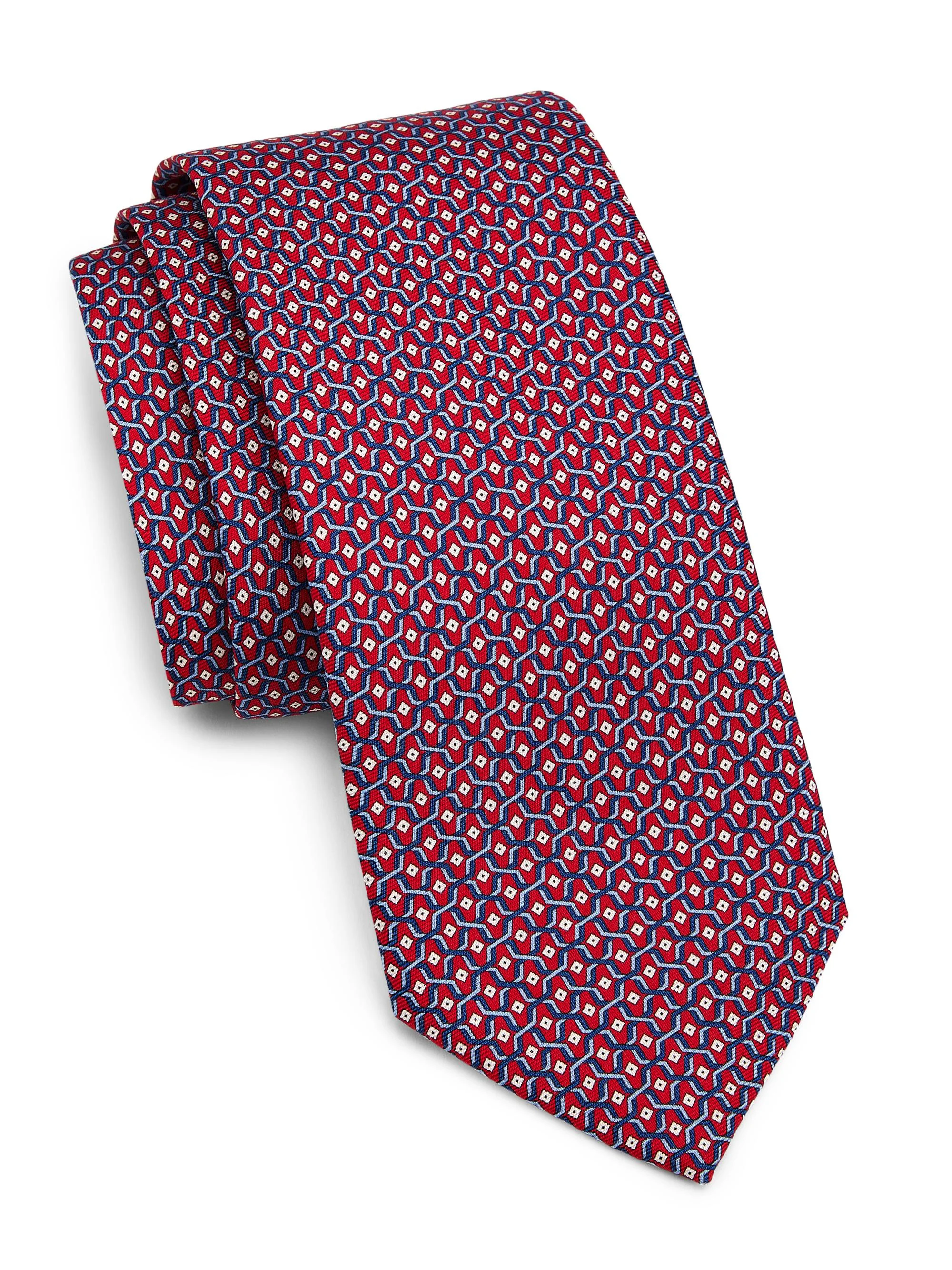 Men's Geometric Silk Tie - Bright Red - 1