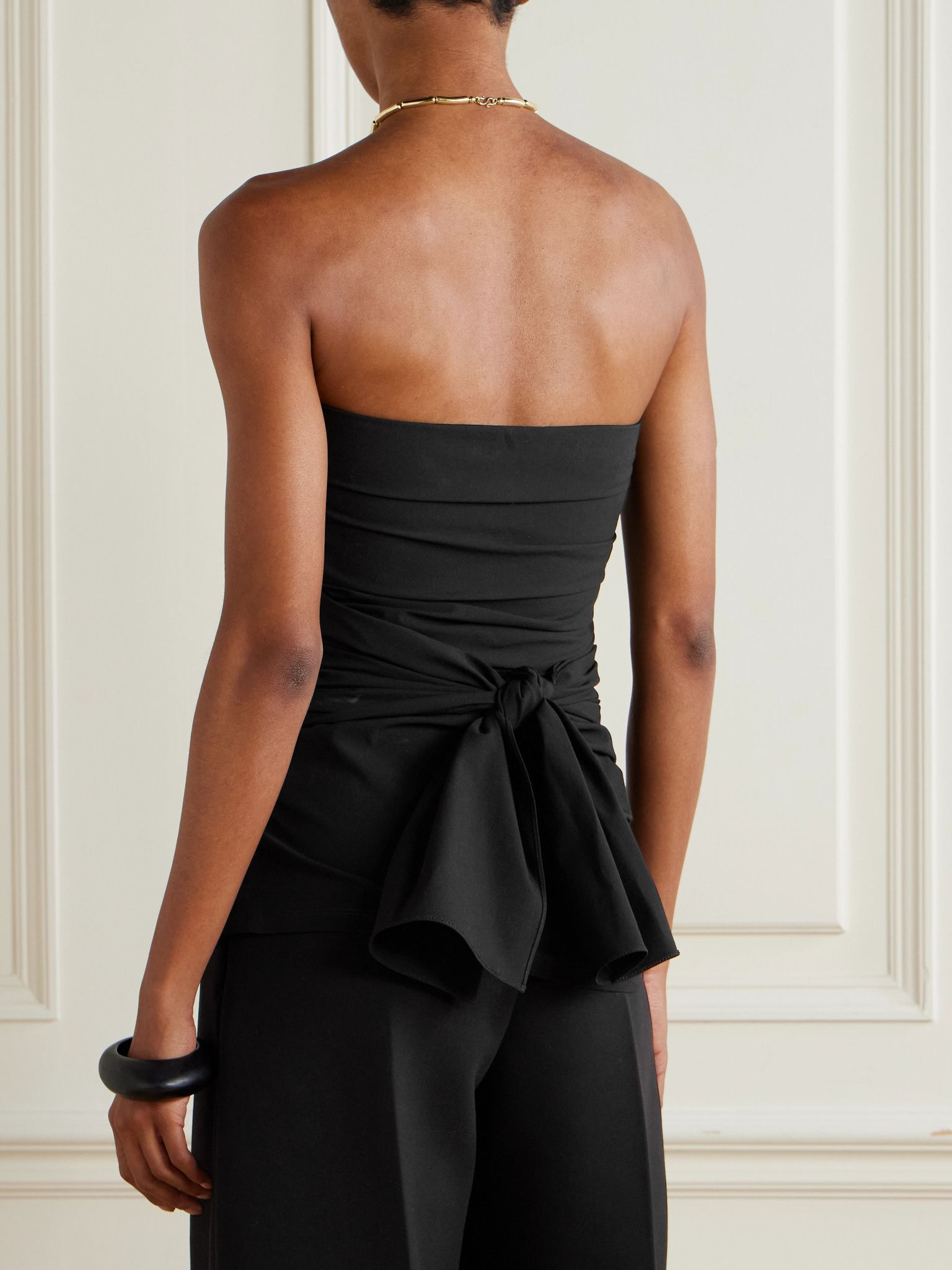 Lena strapless gathered cotton-blend poplin top Black - 3
