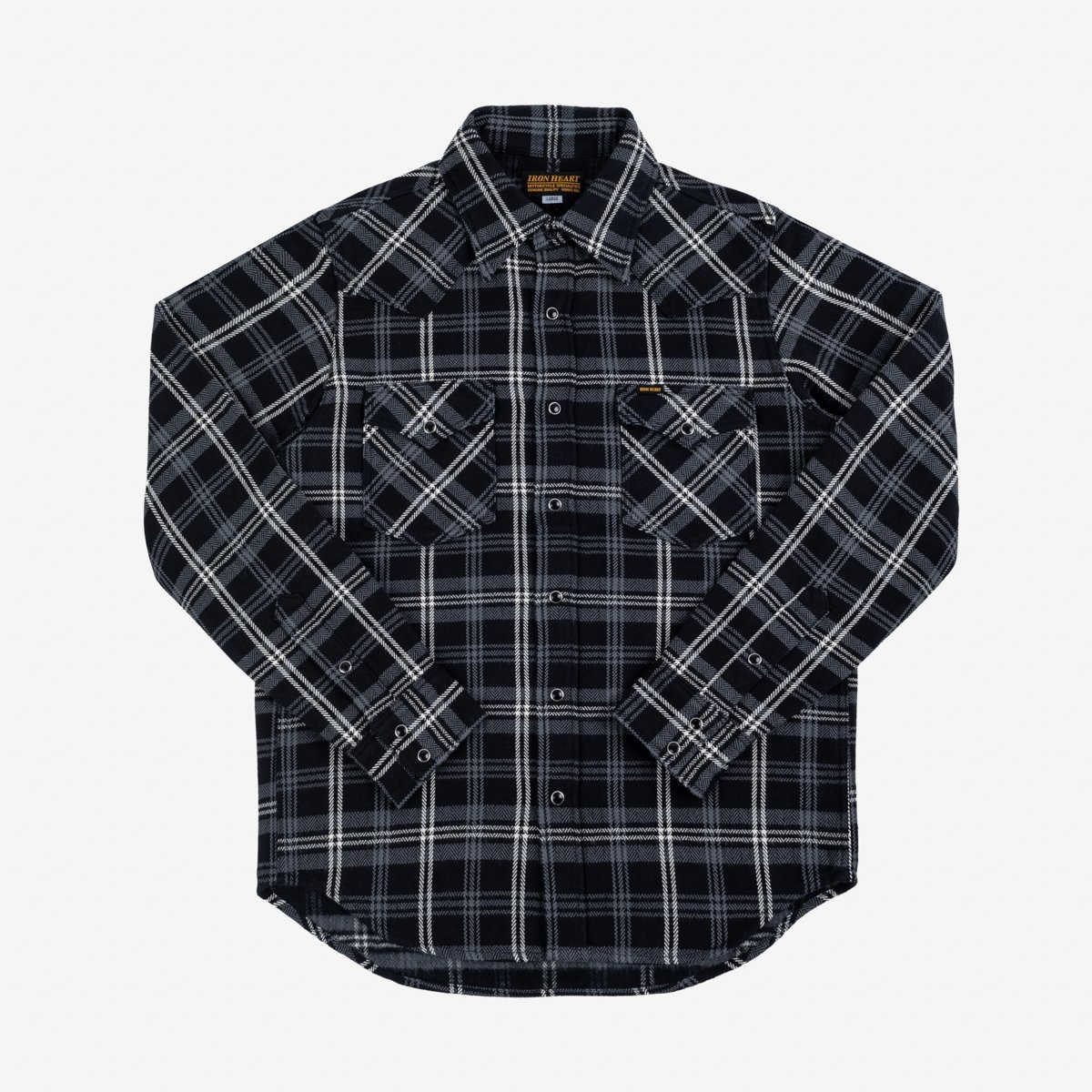 Ultra Heavy Flannel Herringbone Check Western Shirt - Black - 1