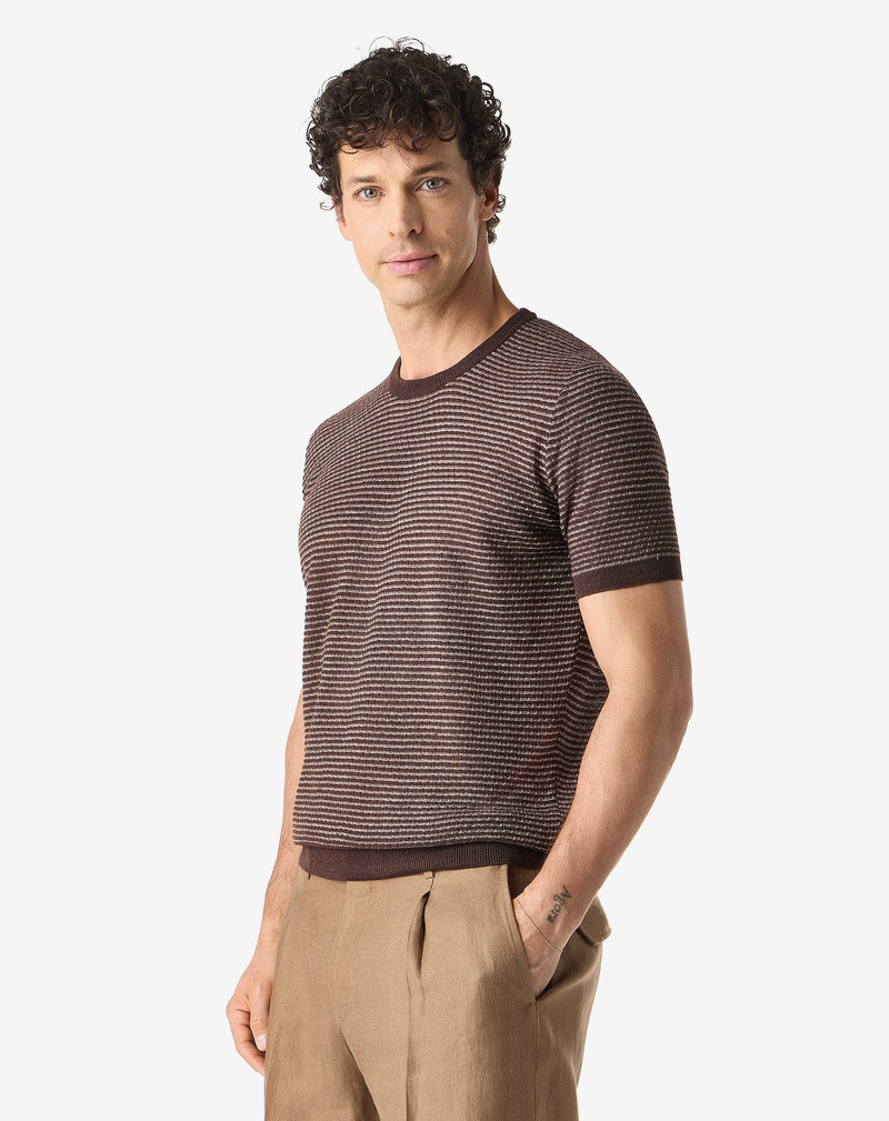 CORNELIANI Brown crew neck linen and silk knitwear outlook