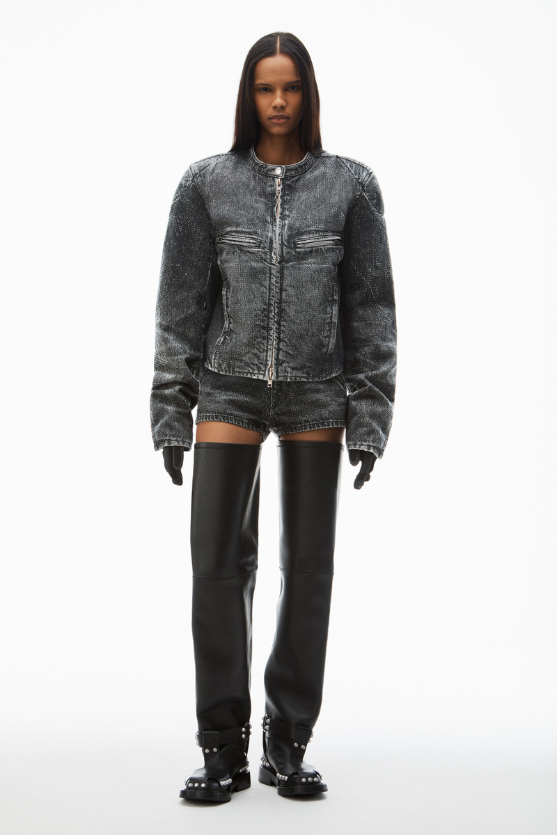 Alexander Wang clear crystal hotfix moto jacket in crackle grey wash denim outlook