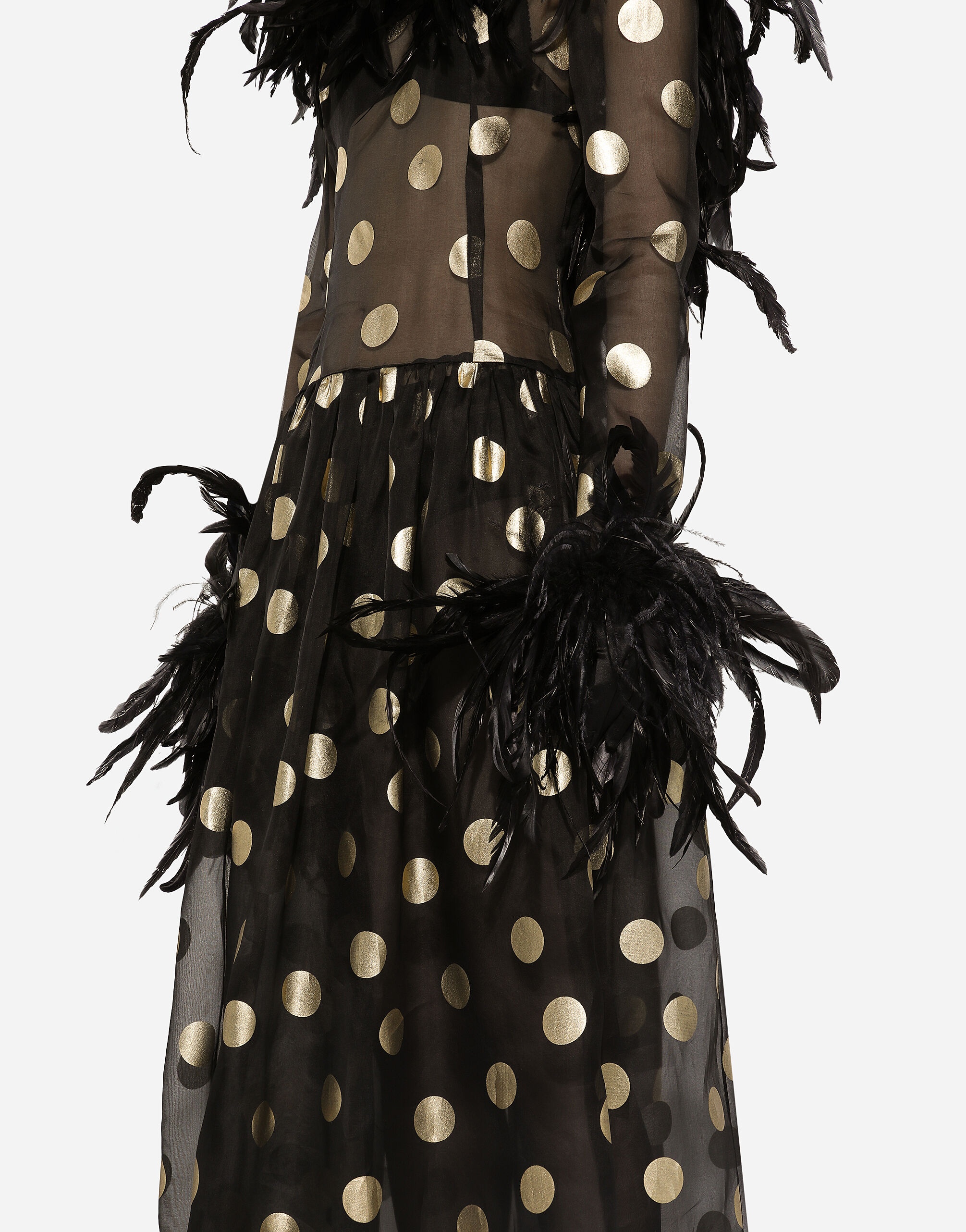 Long polka-dot silk organza dress with feathered details - 7