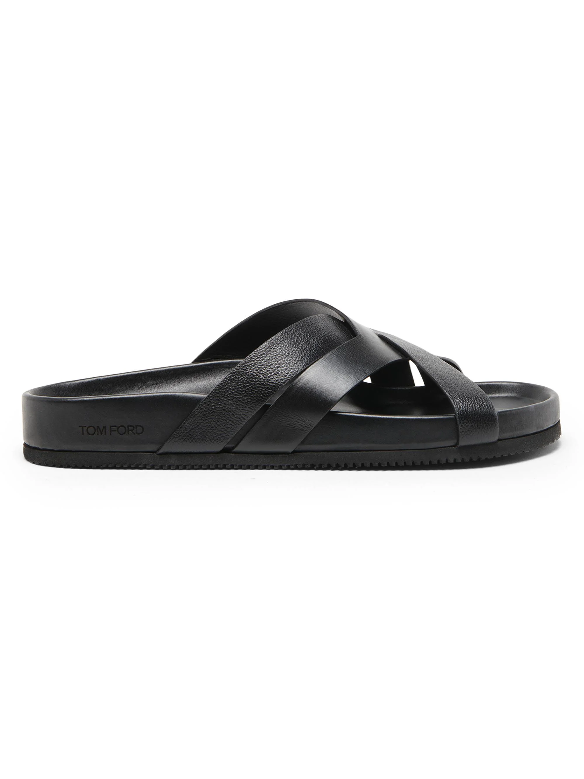 Men's Crisscross Strap Leather Sandals - Black - 1