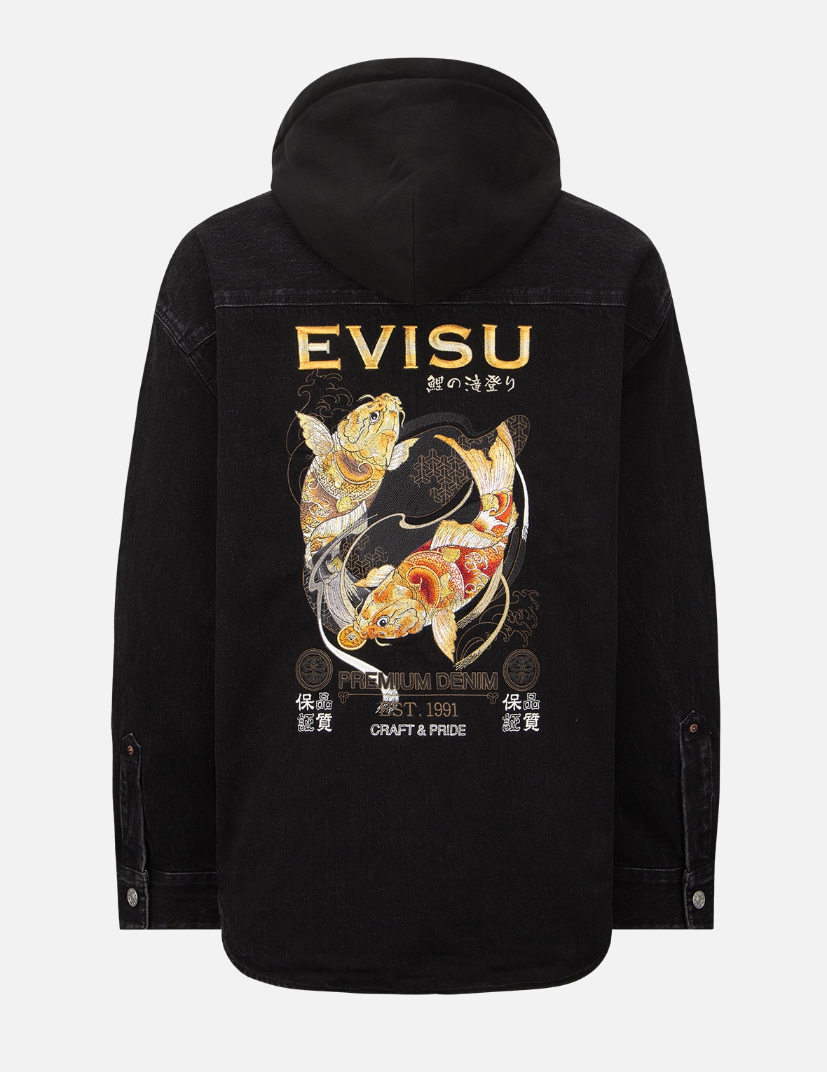 TATTOO KOI EMBROIDERY DENIM SHIRT JACKET WITH DETACHABLE HOOD - 2