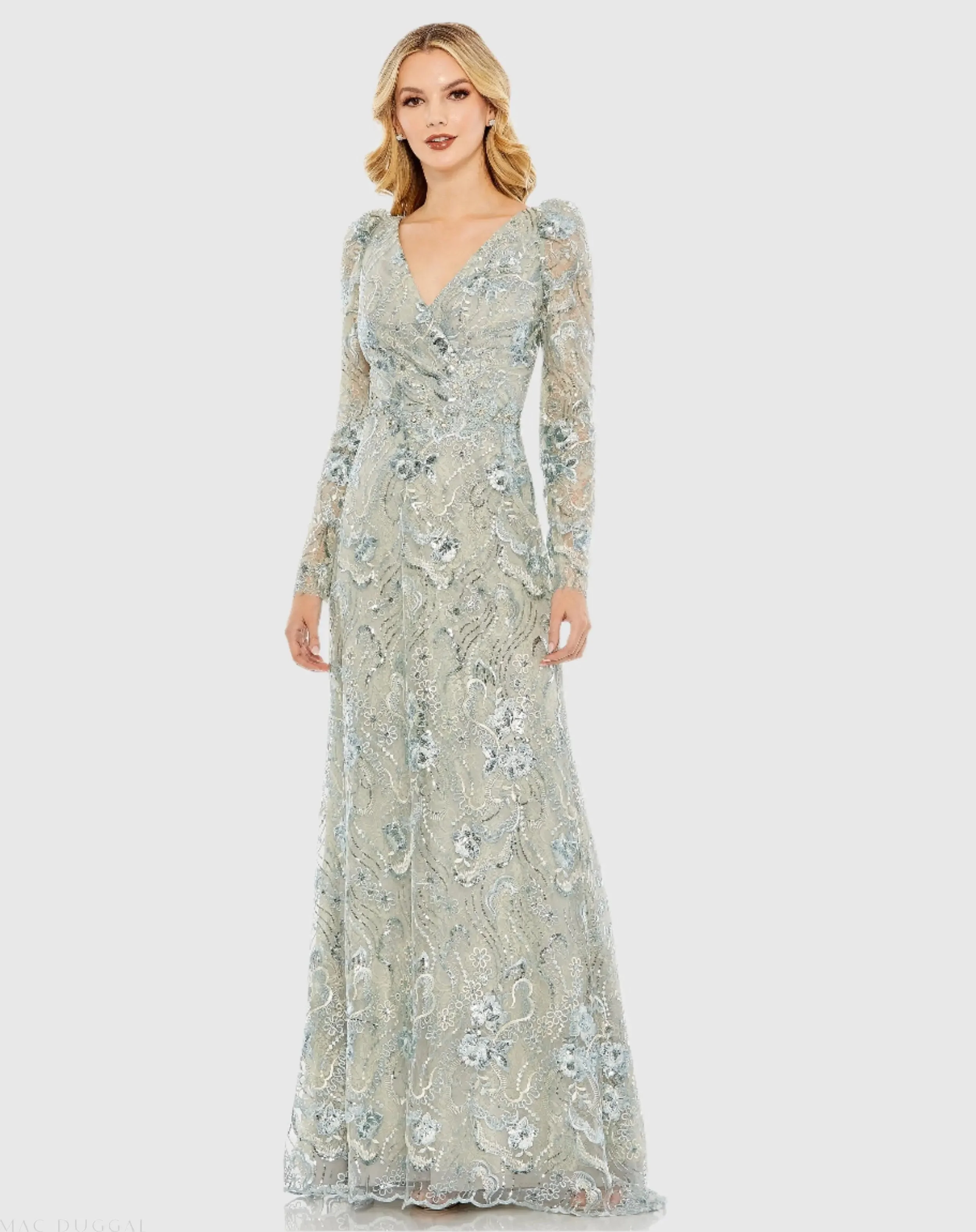Green Embroidered Wrap Over Puff Sleeve Trumpet Gown - 1