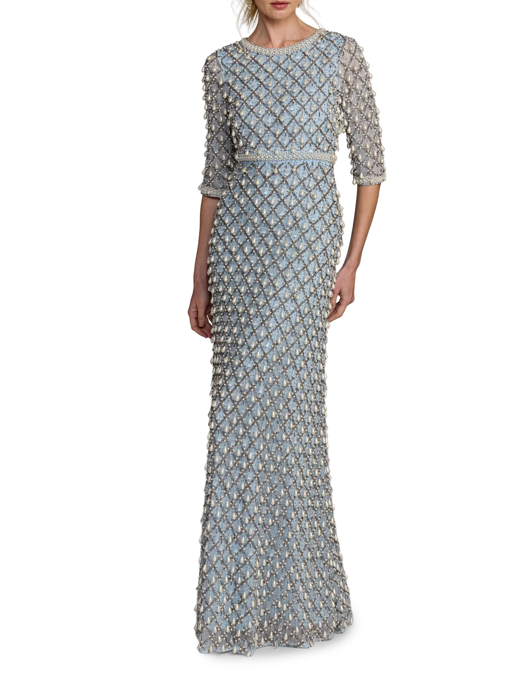 Women's Evening Pearl Embellished Mesh Gown - Vintage Blue - 1