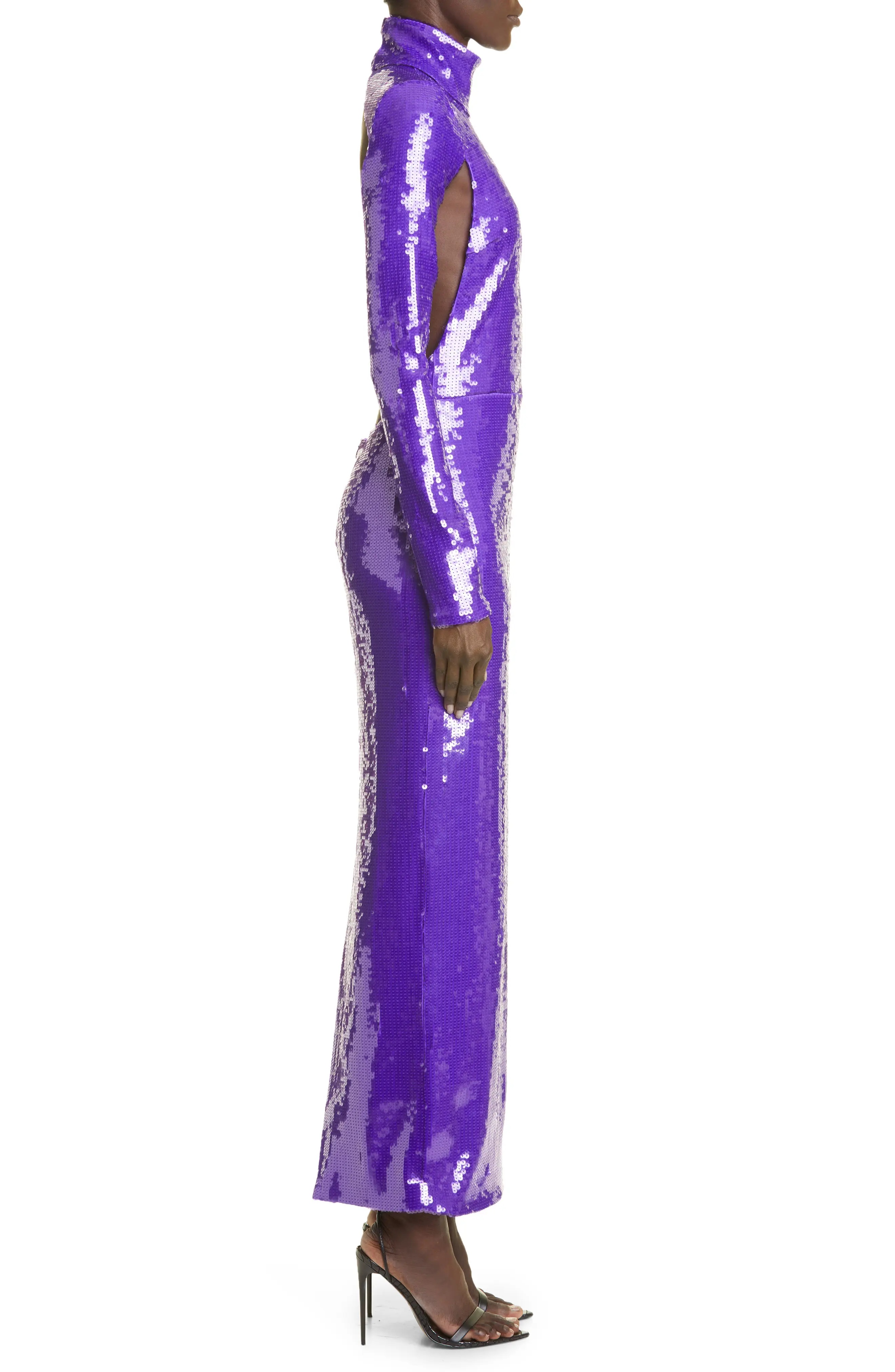 Sequin Mock Neck Long Sleeve Cutout Column Gown - 3