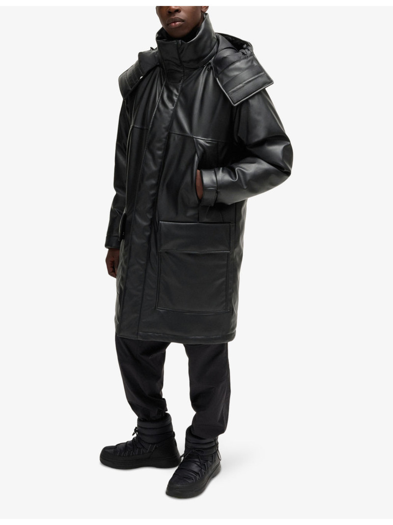 HUGO Embossed-logo longline faux leather-down jacket outlook
